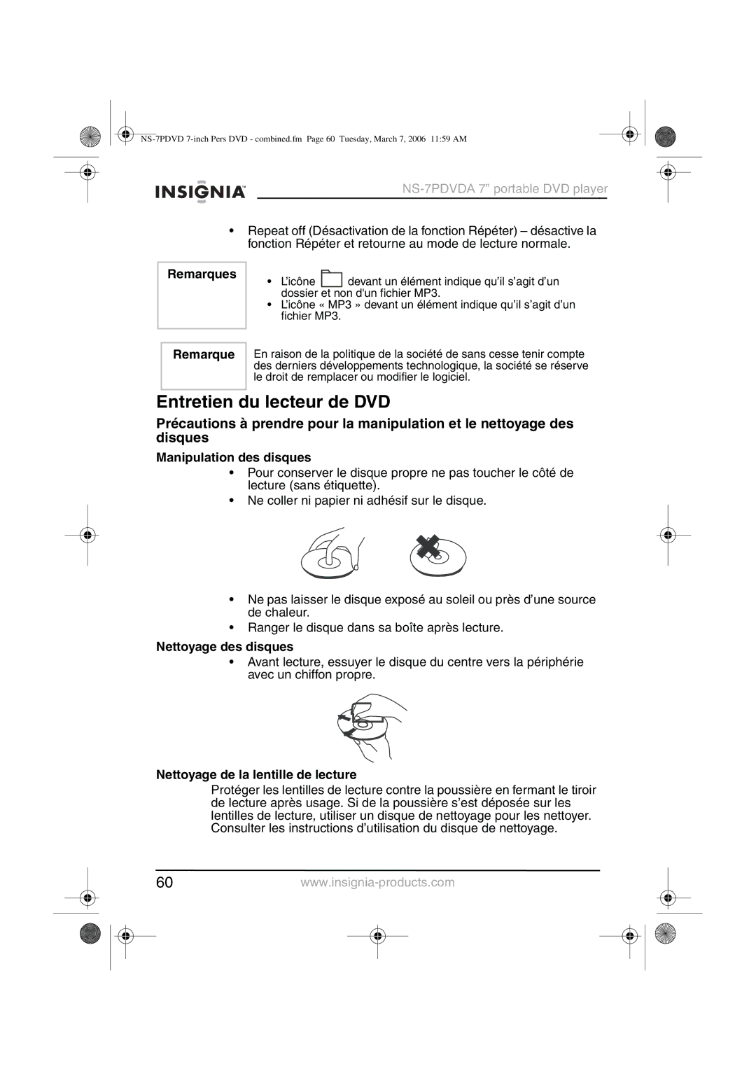 Insignia NS-7PDVDA manual Entretien du lecteur de DVD, Manipulation des disques, Nettoyage des disques 