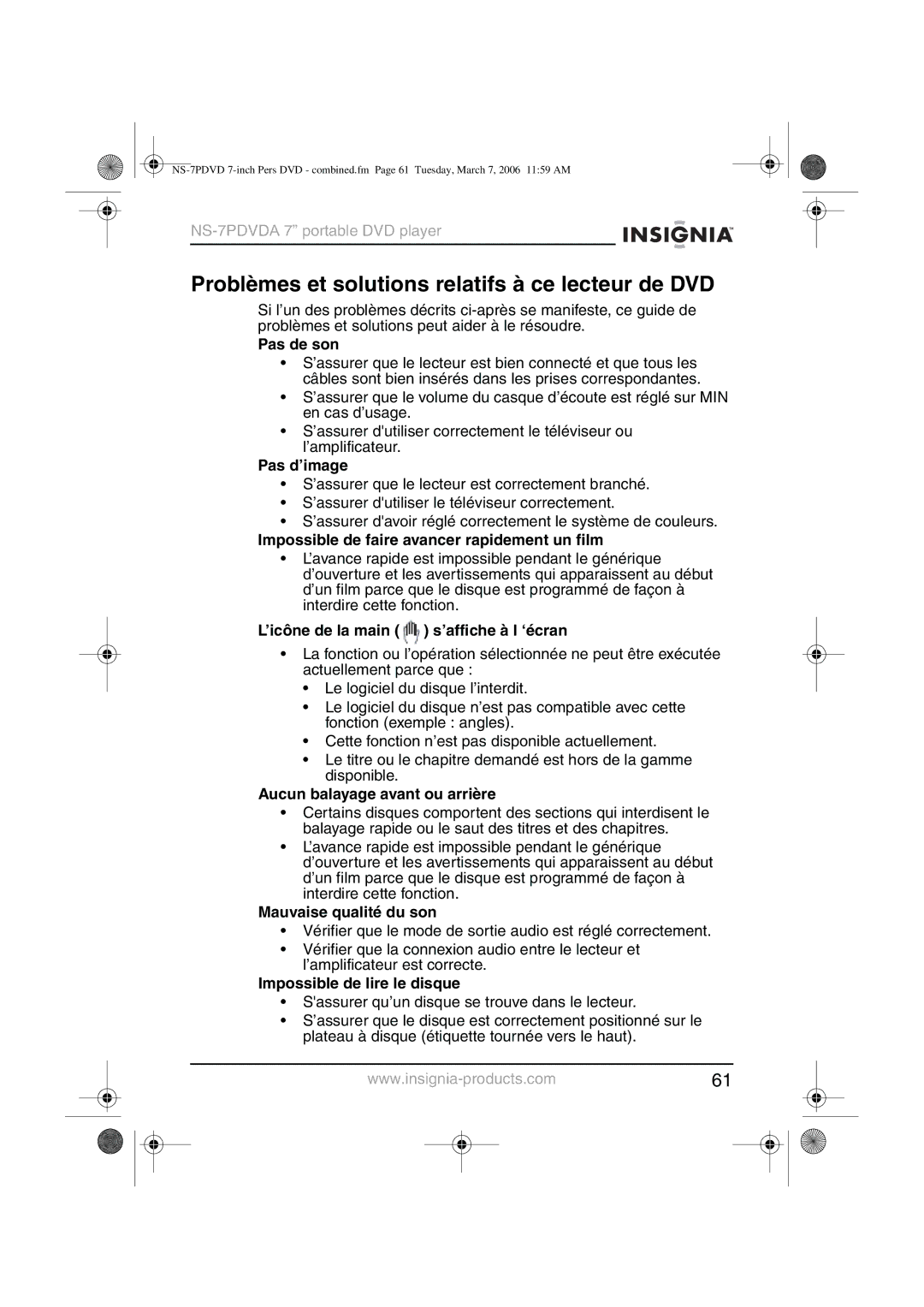 Insignia NS-7PDVDA manual Problèmes et solutions relatifs à ce lecteur de DVD 