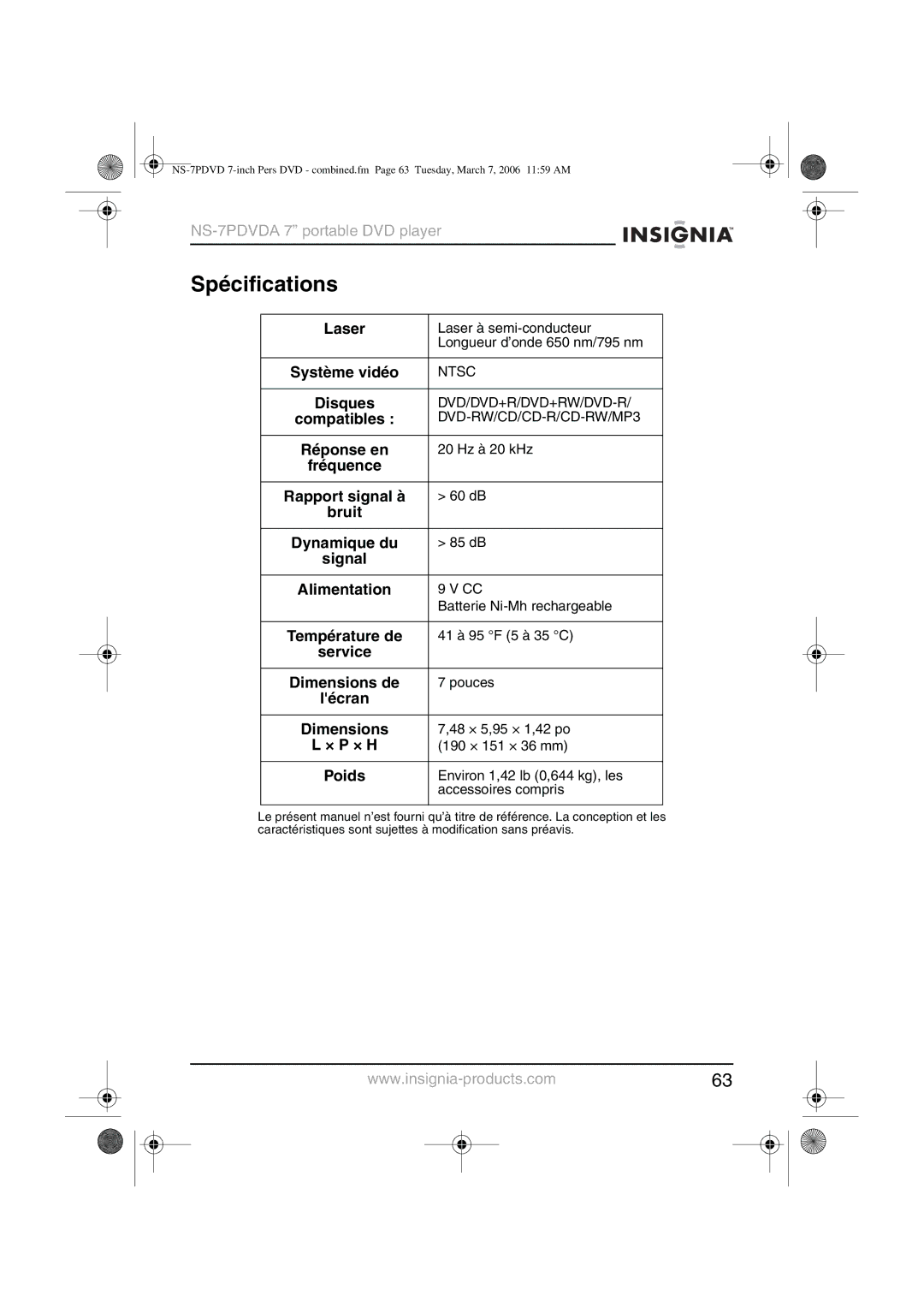 Insignia NS-7PDVDA manual Spécifications 