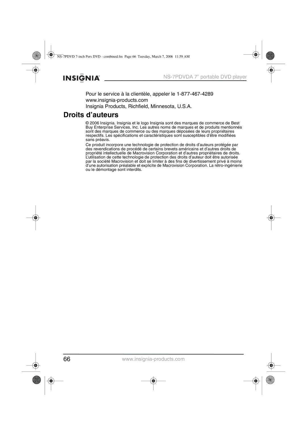 Insignia NS-7PDVDA manual Droits d’auteurs 