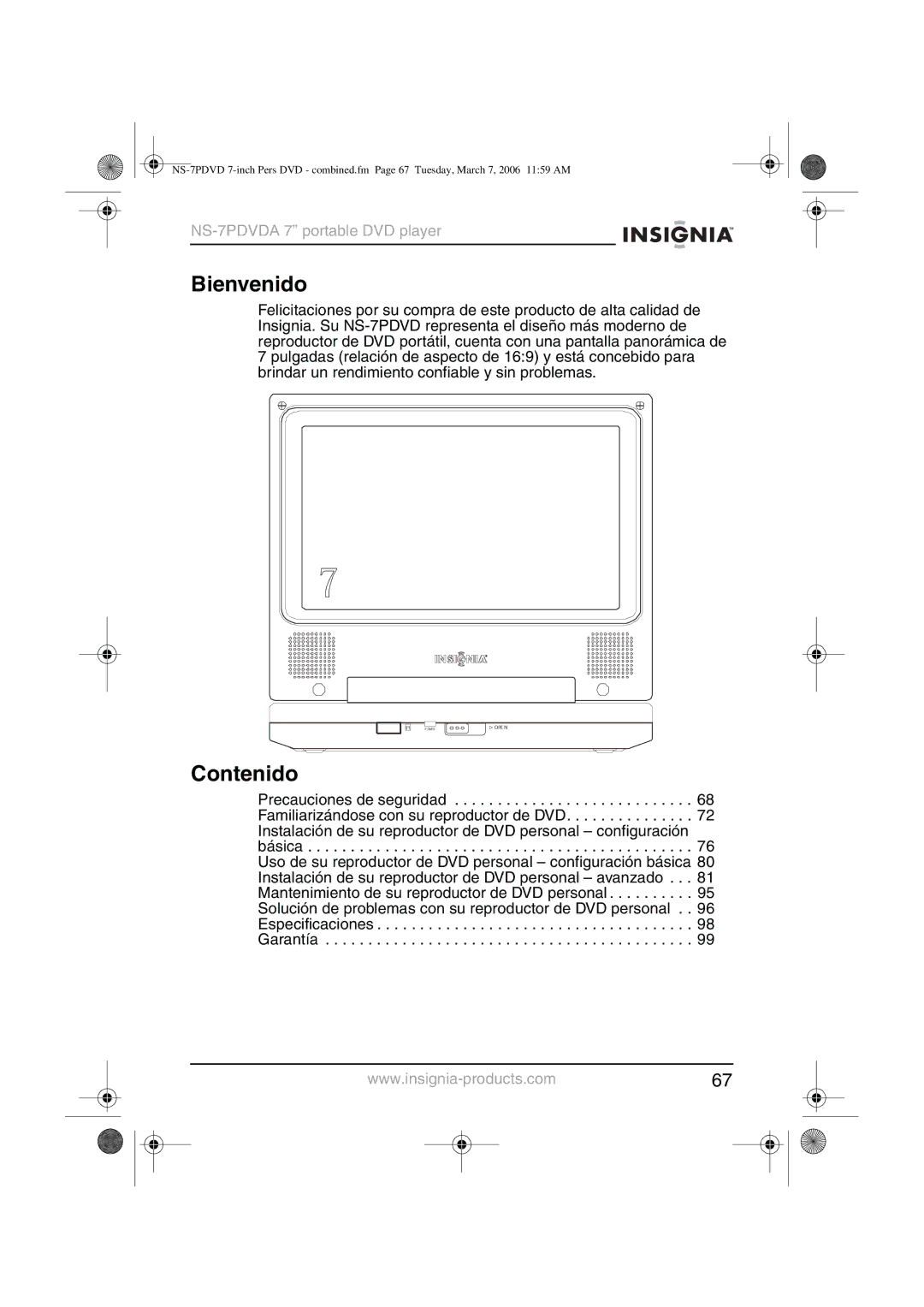 Insignia NS-7PDVDA manual Bienvenido, Contenido 