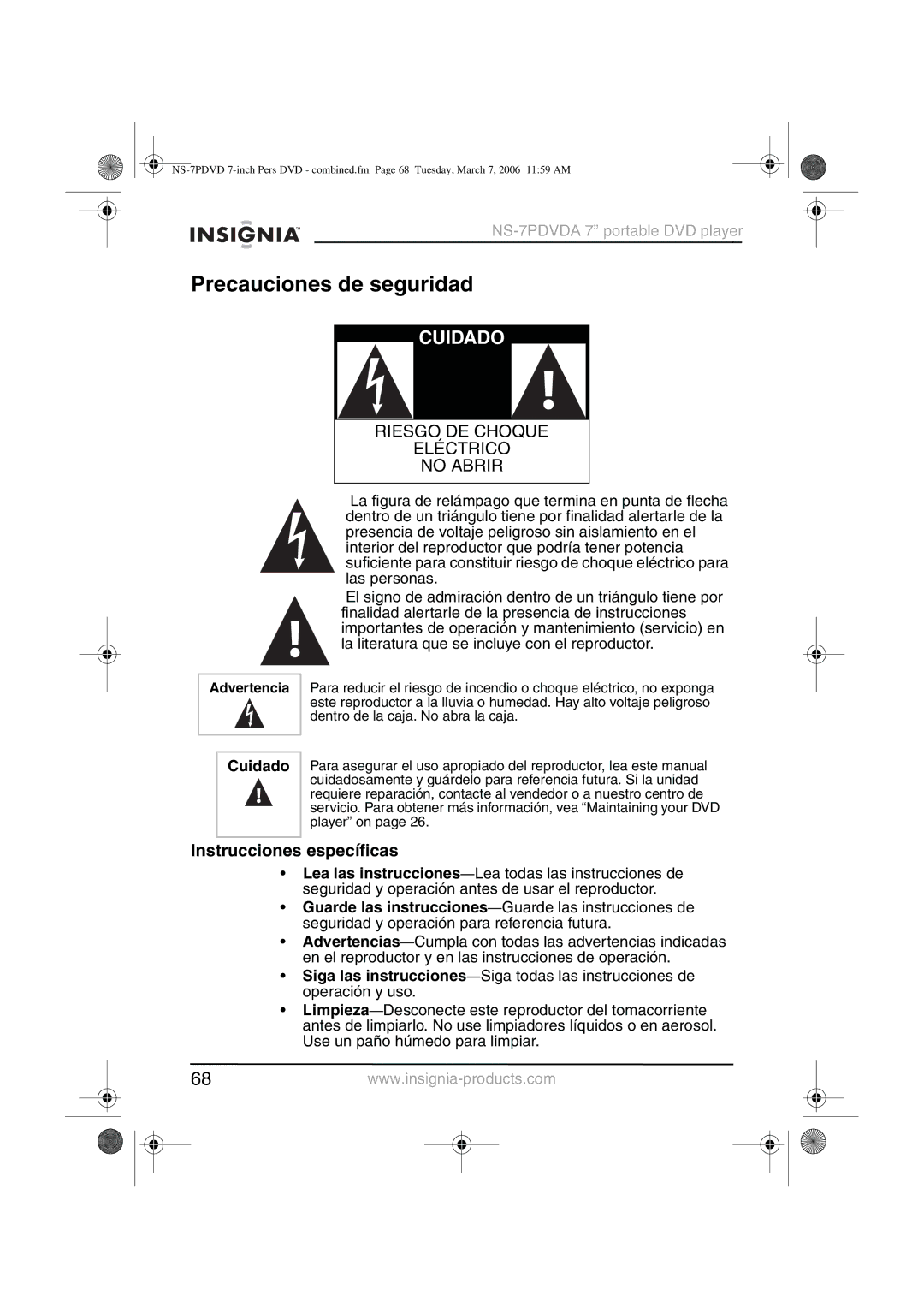 Insignia NS-7PDVDA manual Precauciones de seguridad, Instrucciones específicas, Cuidado 