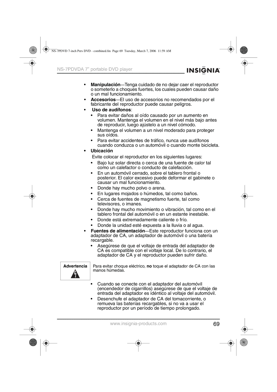 Insignia NS-7PDVDA manual Uso de audífonos, Ubicación 