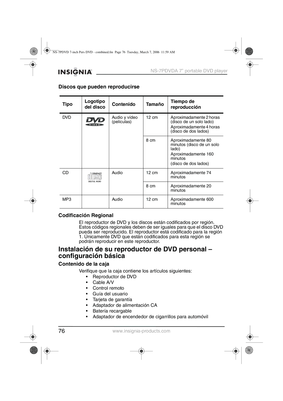 Insignia NS-7PDVDA manual Discos que pueden reproducirse, Codificación Regional, Contenido de la caja 