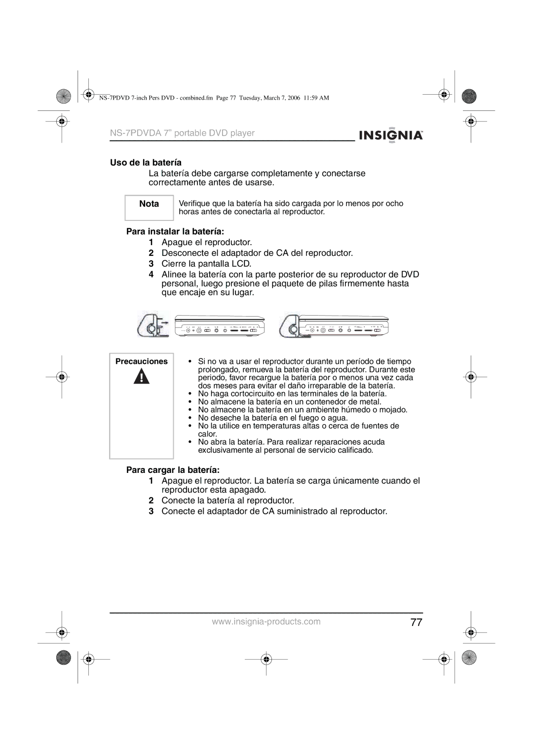 Insignia NS-7PDVDA manual Uso de la batería, Para instalar la batería, Para cargar la batería 