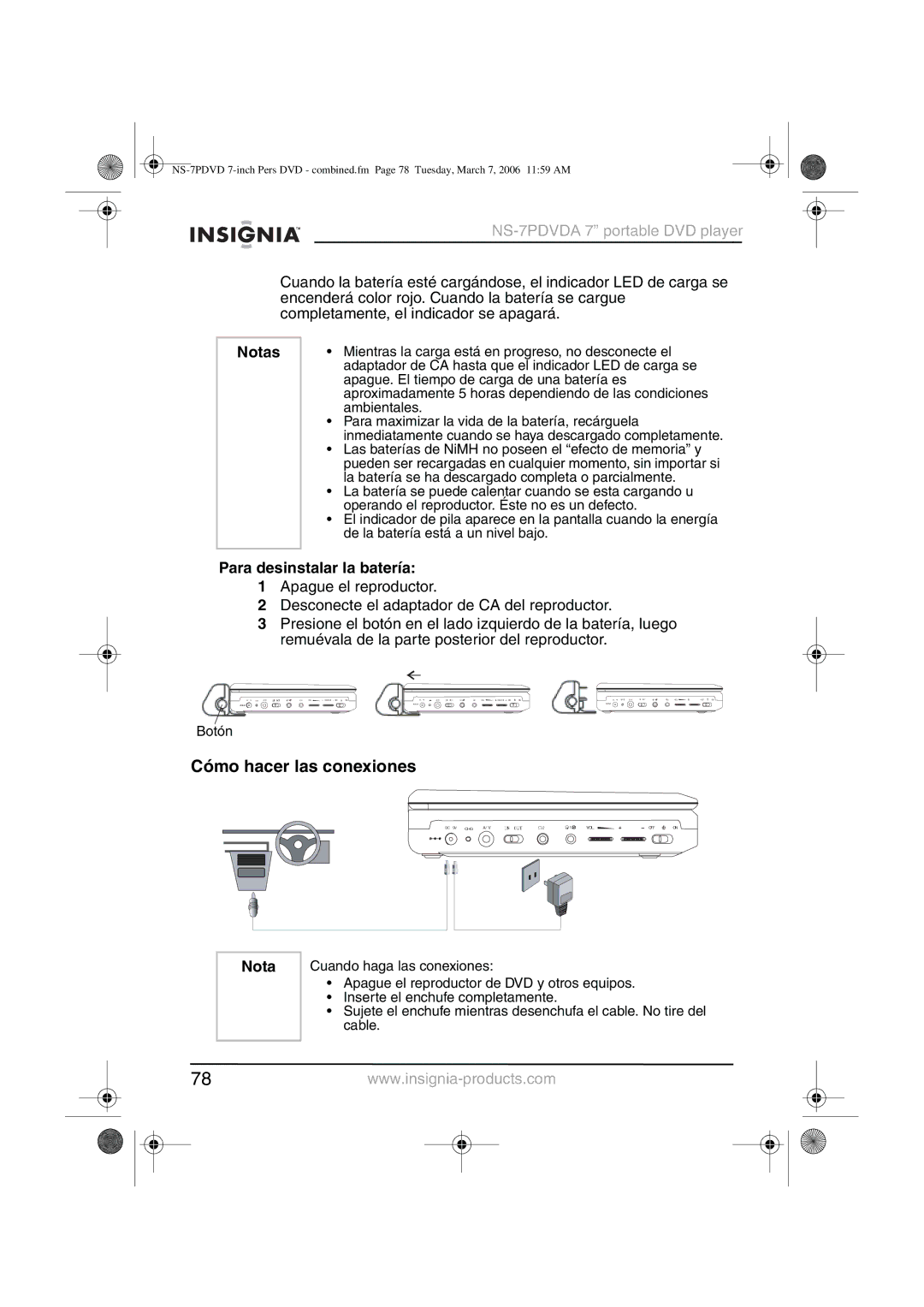 Insignia NS-7PDVDA manual Cómo hacer las conexiones, Notas, Para desinstalar la batería 