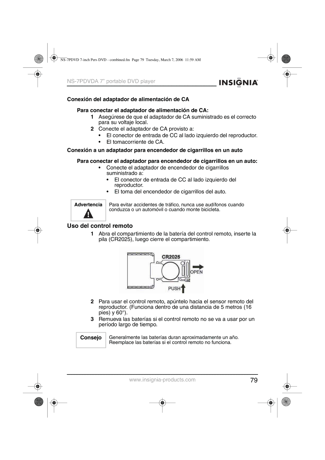 Insignia NS-7PDVDA manual Uso del control remoto, Consejo 