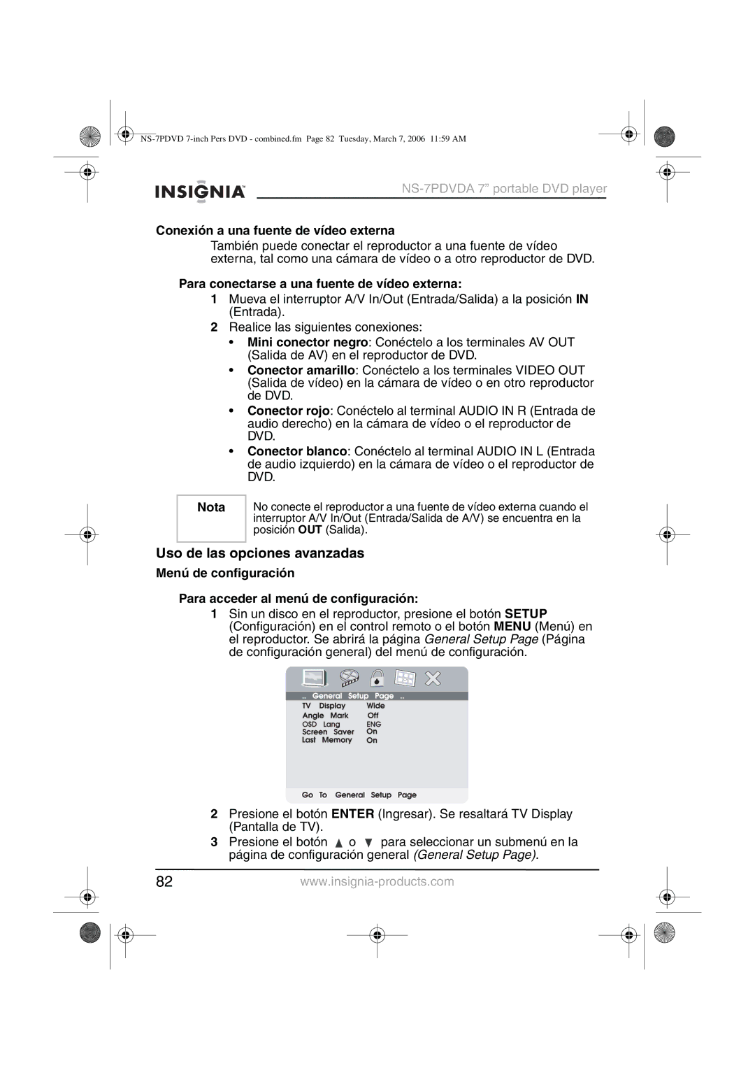 Insignia NS-7PDVDA manual Uso de las opciones avanzadas, Conexión a una fuente de vídeo externa 