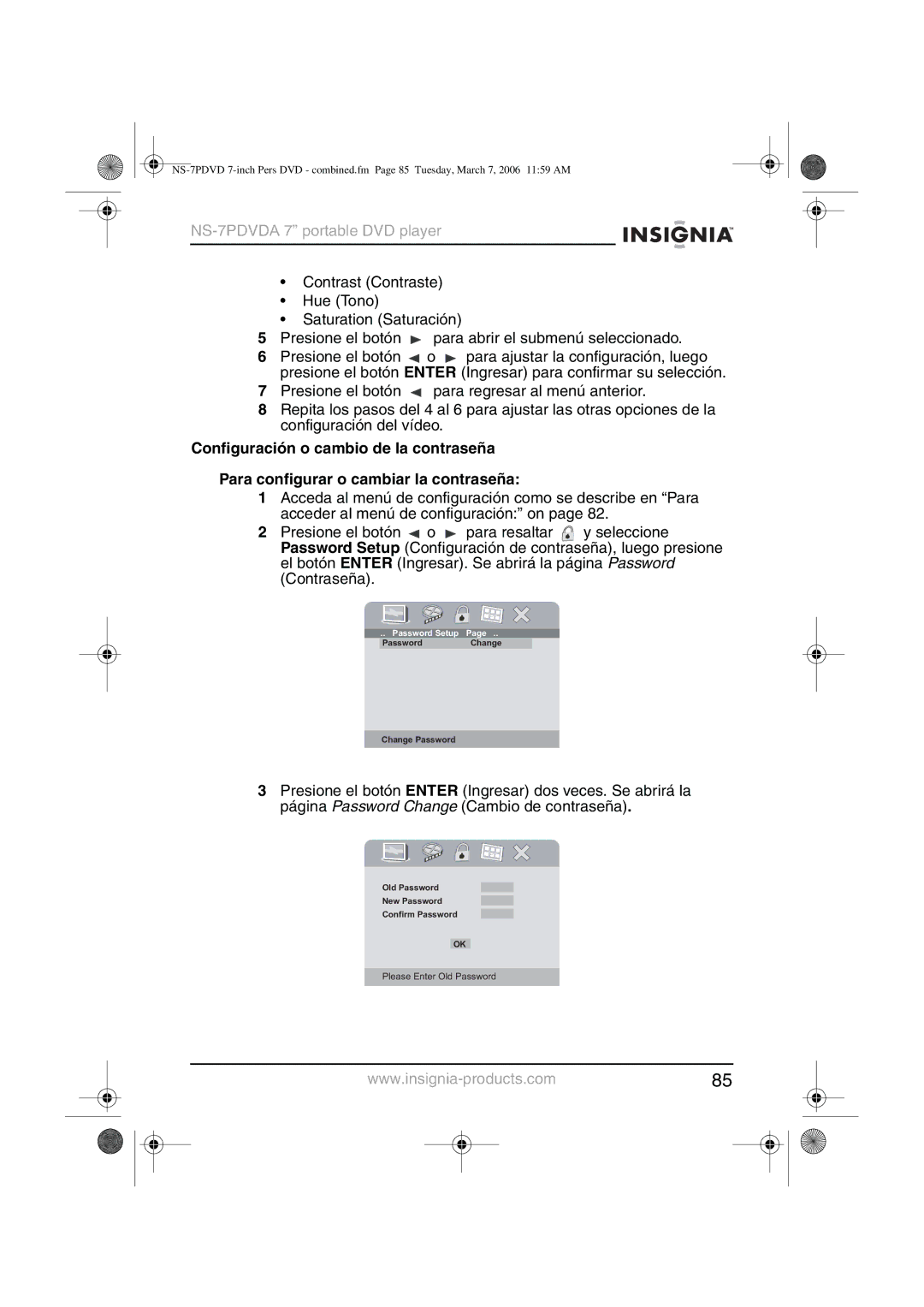 Insignia NS-7PDVDA manual Please Enter Old Password 