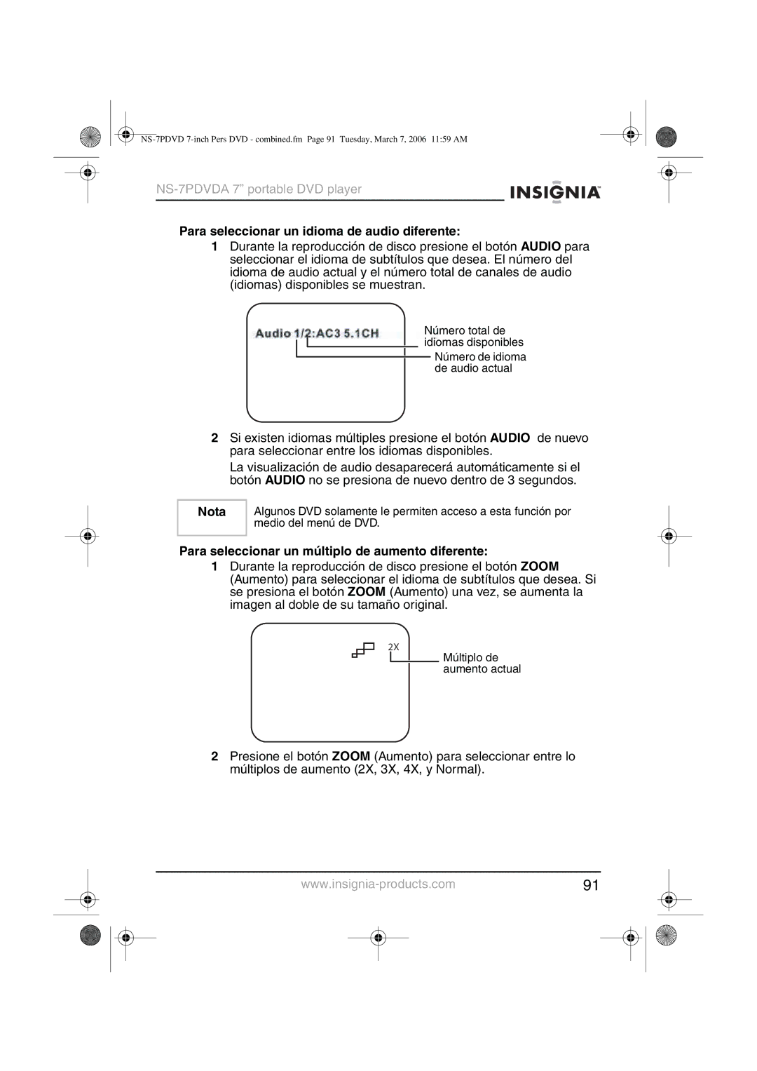 Insignia NS-7PDVDA manual Para seleccionar un idioma de audio diferente, Para seleccionar un múltiplo de aumento diferente 