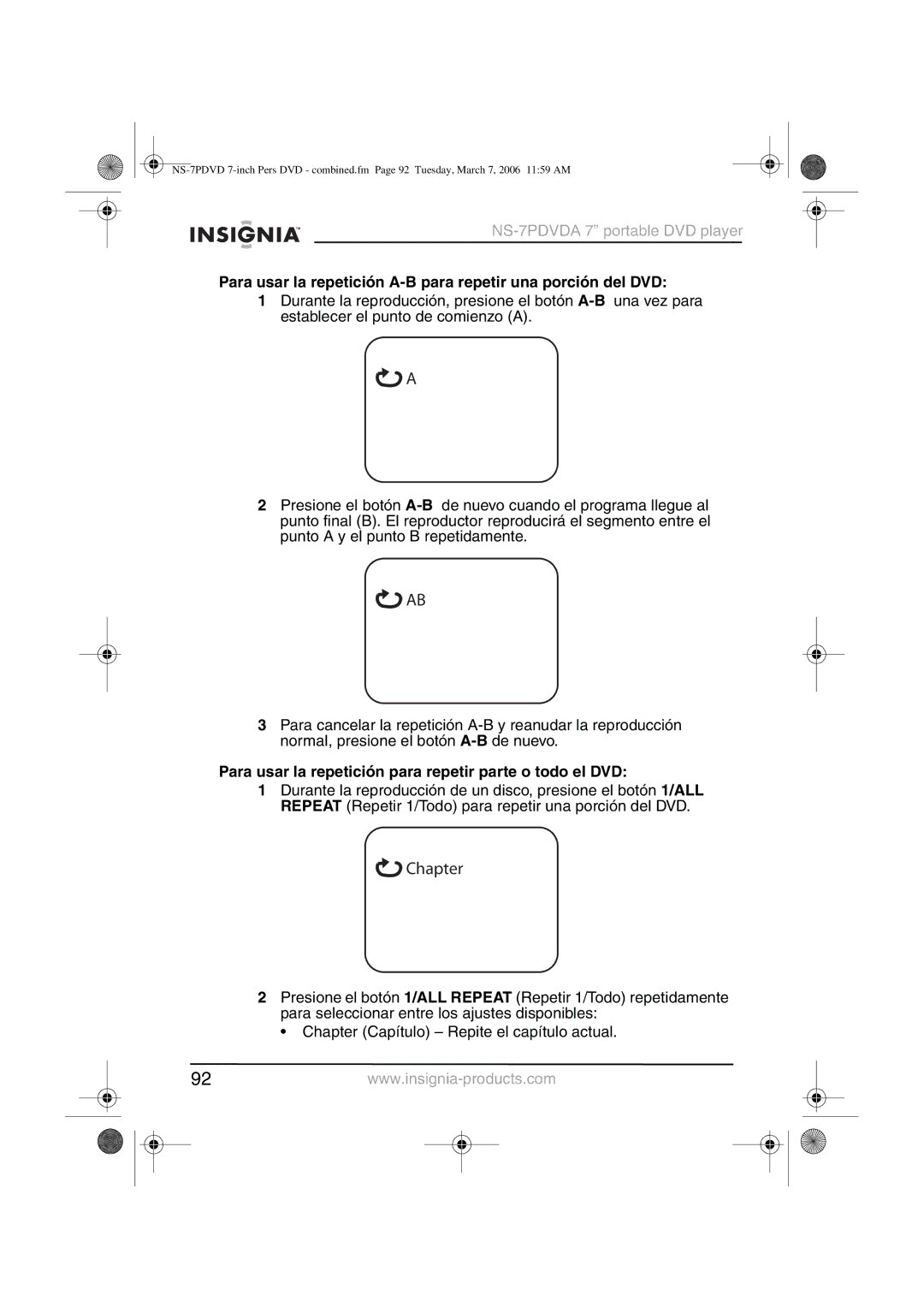 Insignia NS-7PDVDA manual Para usar la repetición A-B para repetir una porción del DVD 