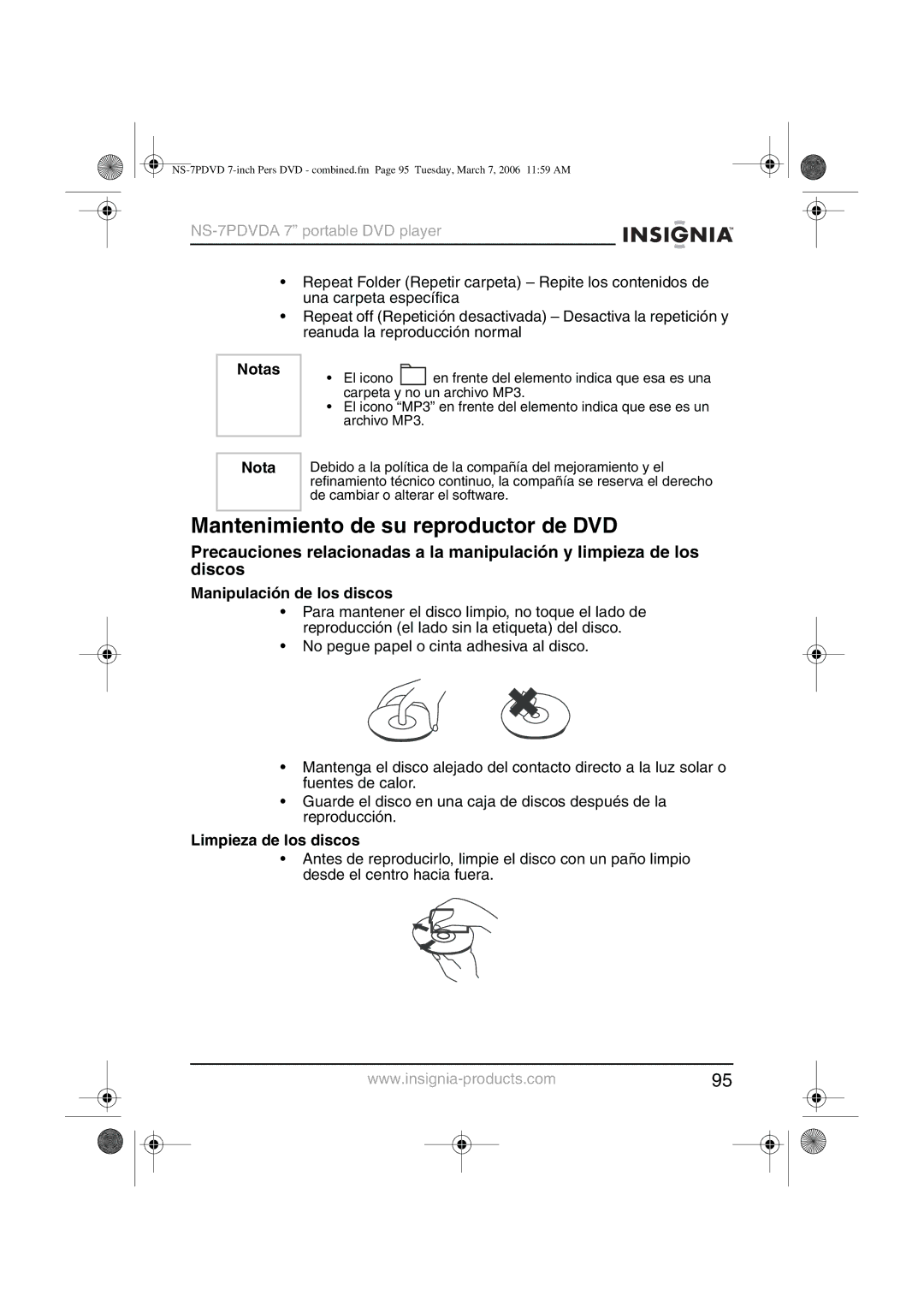 Insignia NS-7PDVDA manual Mantenimiento de su reproductor de DVD, Manipulación de los discos, Limpieza de los discos 