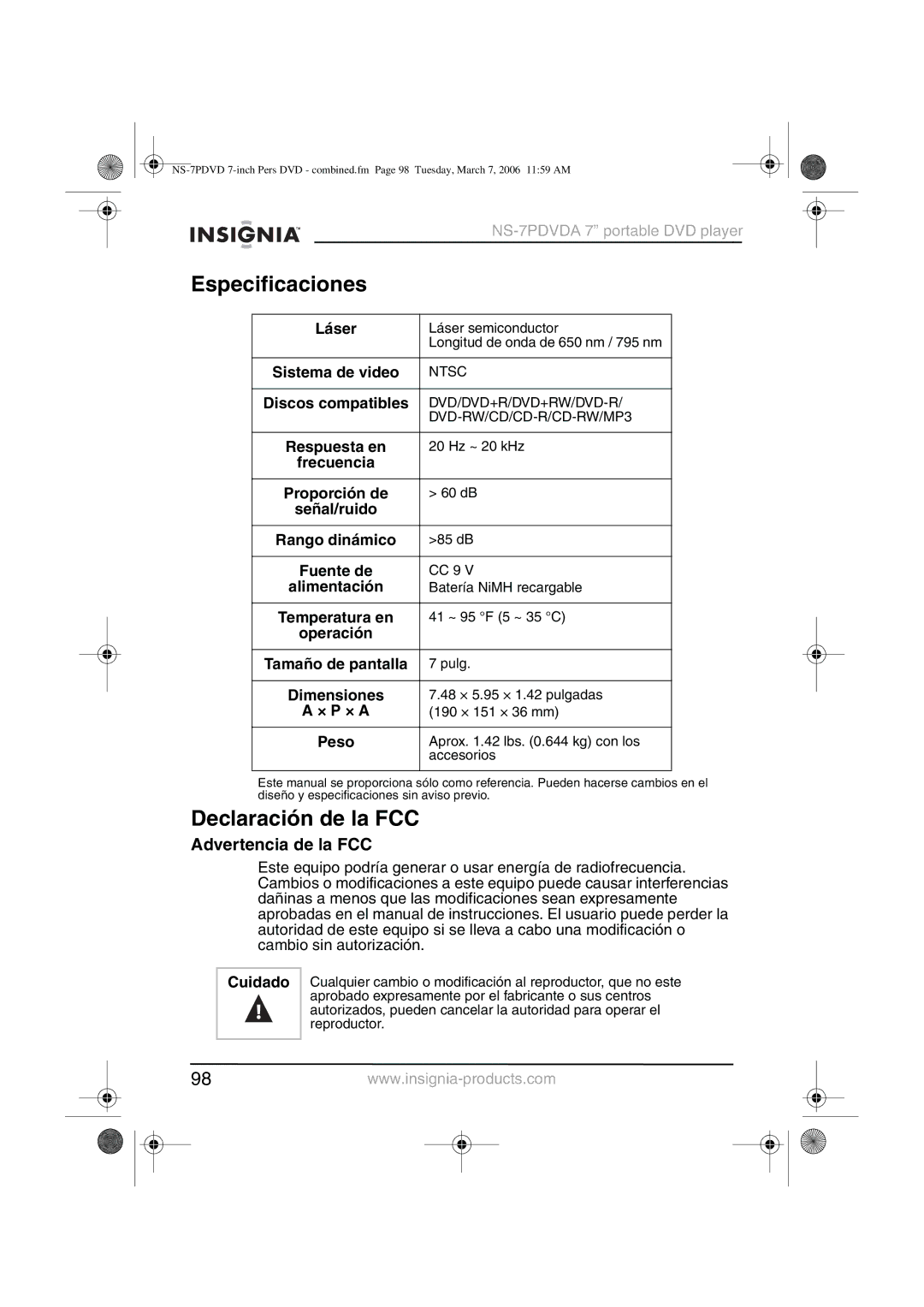 Insignia NS-7PDVDA manual Especificaciones, Declaración de la FCC, Advertencia de la FCC 