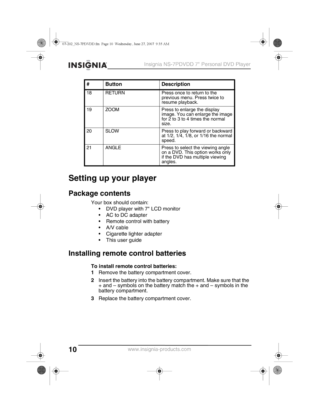 Insignia NS-7PDVDD manual Setting up your player, Package contents, Installing remote control batteries 