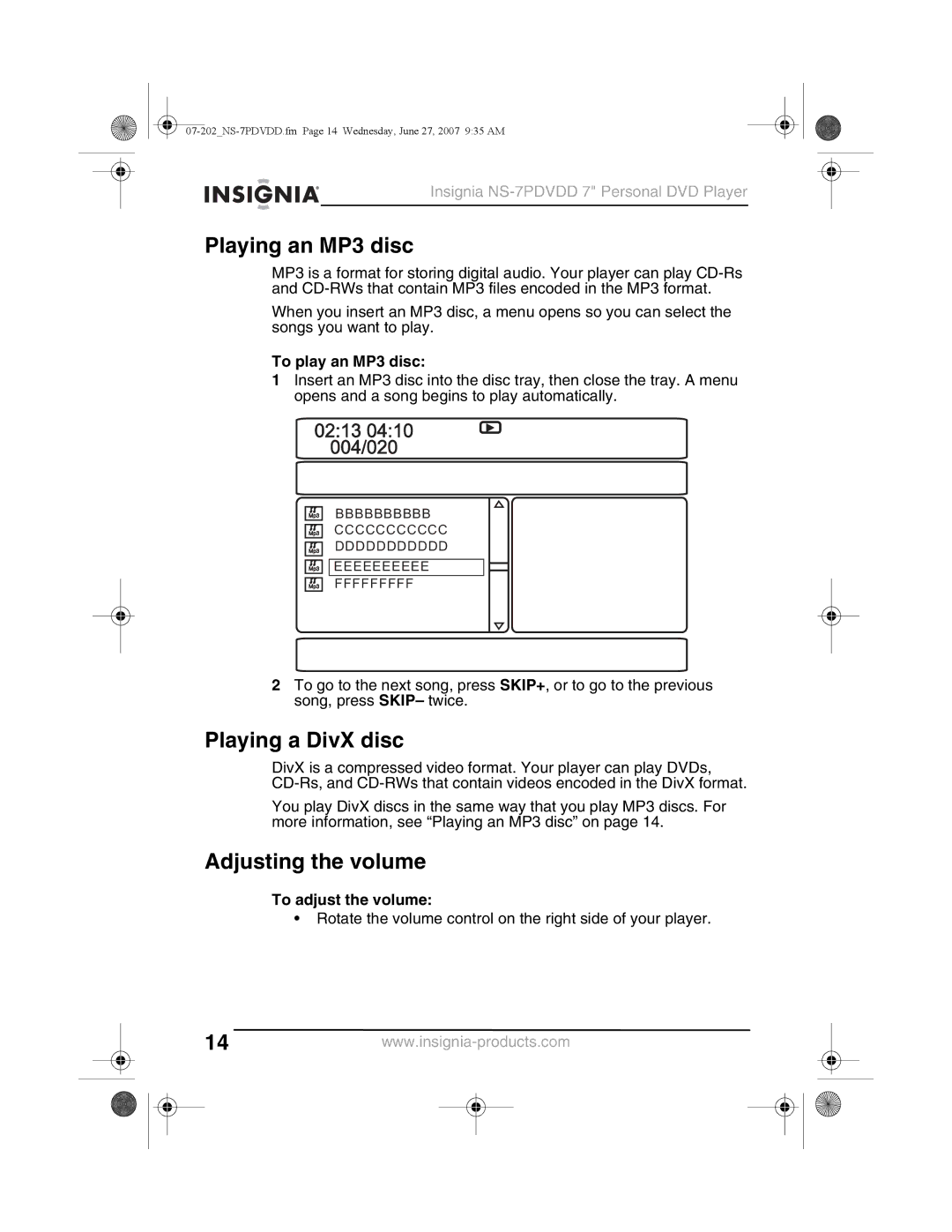 Insignia NS-7PDVDD manual Playing an MP3 disc, Playing a DivX disc, Adjusting the volume, To play an MP3 disc 