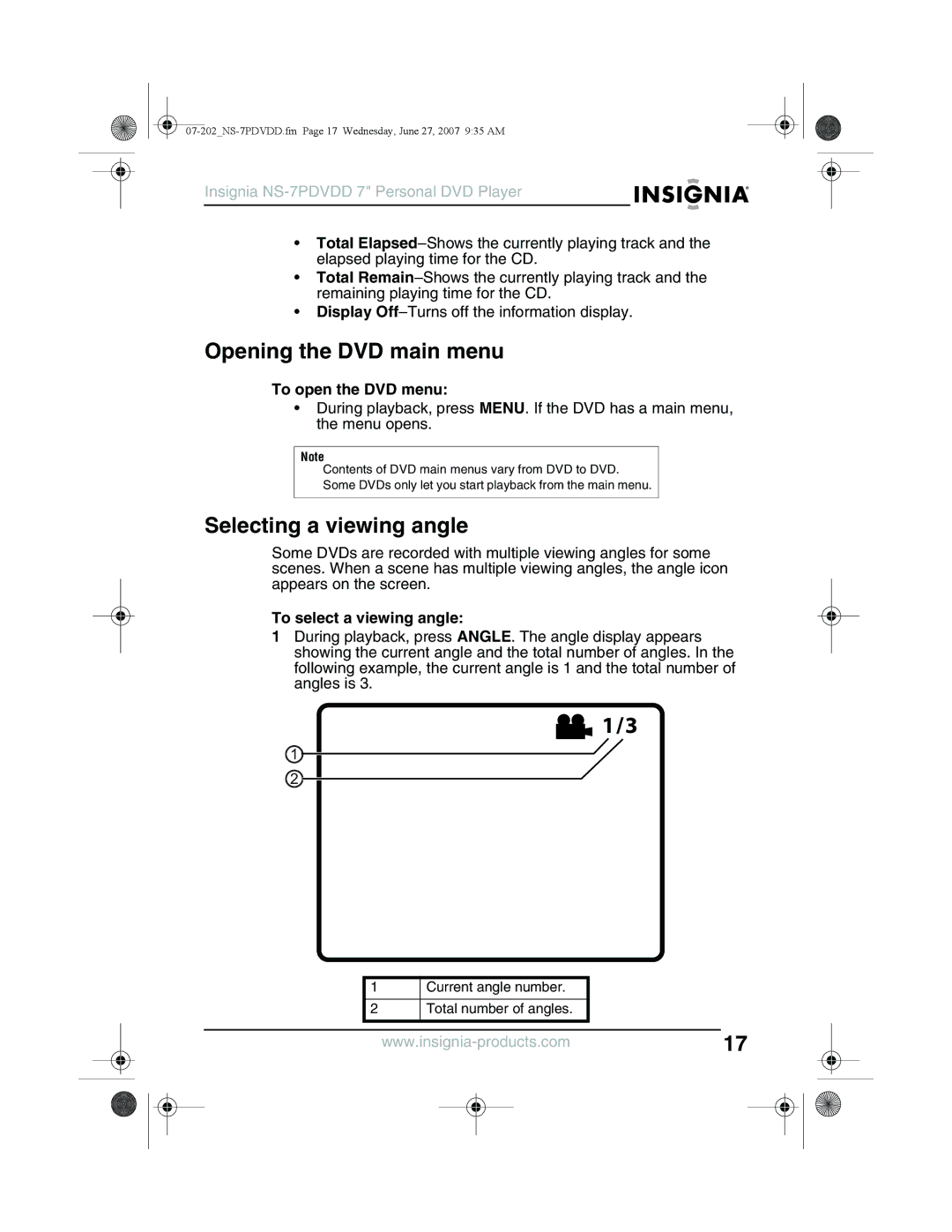 Insignia NS-7PDVDD Opening the DVD main menu, Selecting a viewing angle, To open the DVD menu, To select a viewing angle 