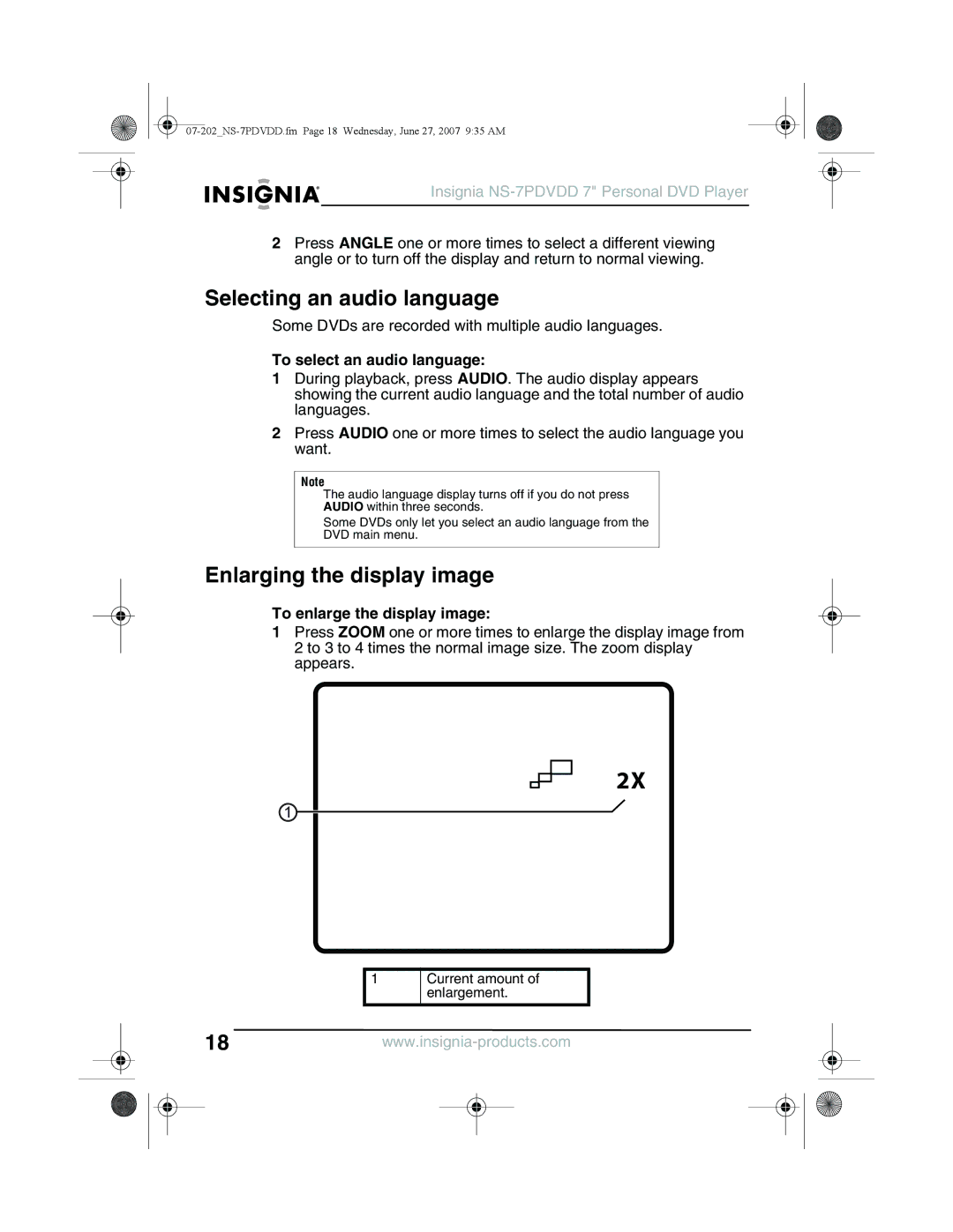 Insignia NS-7PDVDD manual Selecting an audio language, Enlarging the display image, To select an audio language 