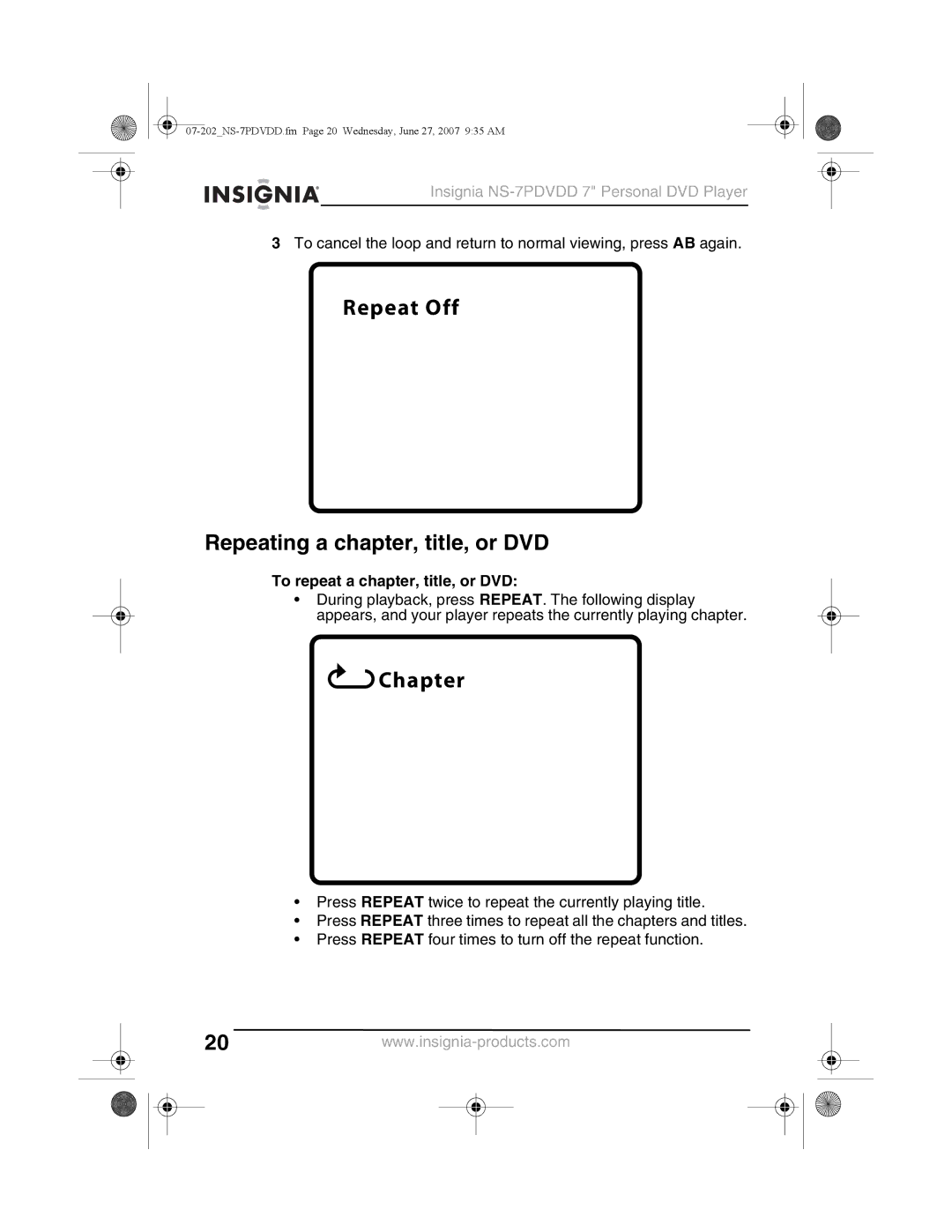 Insignia NS-7PDVDD manual Repeat Off Repeating a chapter, title, or DVD, To repeat a chapter, title, or DVD 