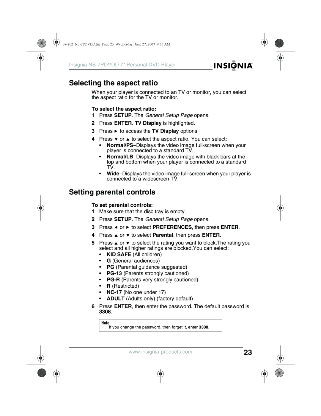 Insignia NS-7PDVDD manual Selecting the aspect ratio, Setting parental controls, To select the aspect ratio 