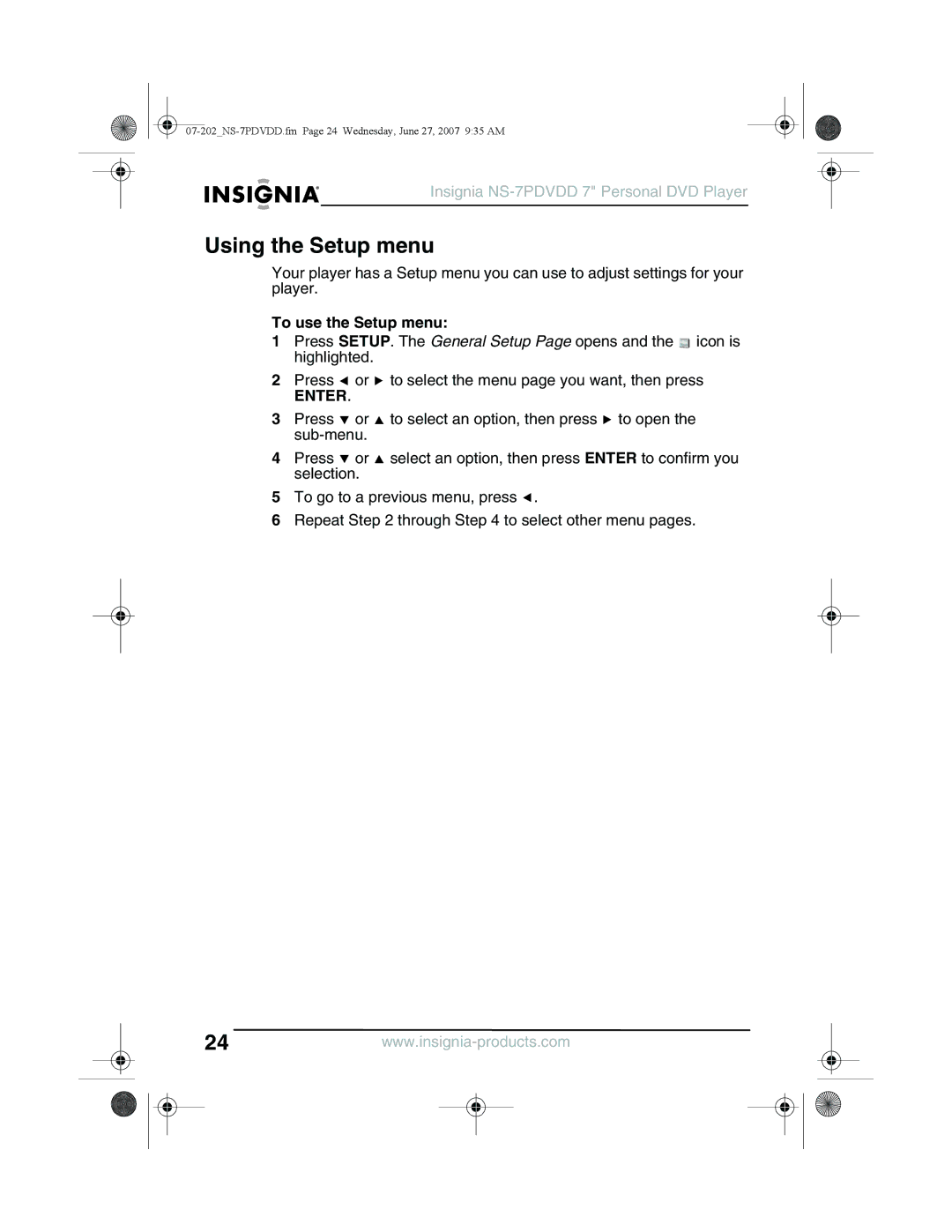 Insignia NS-7PDVDD manual Using the Setup menu, To use the Setup menu 