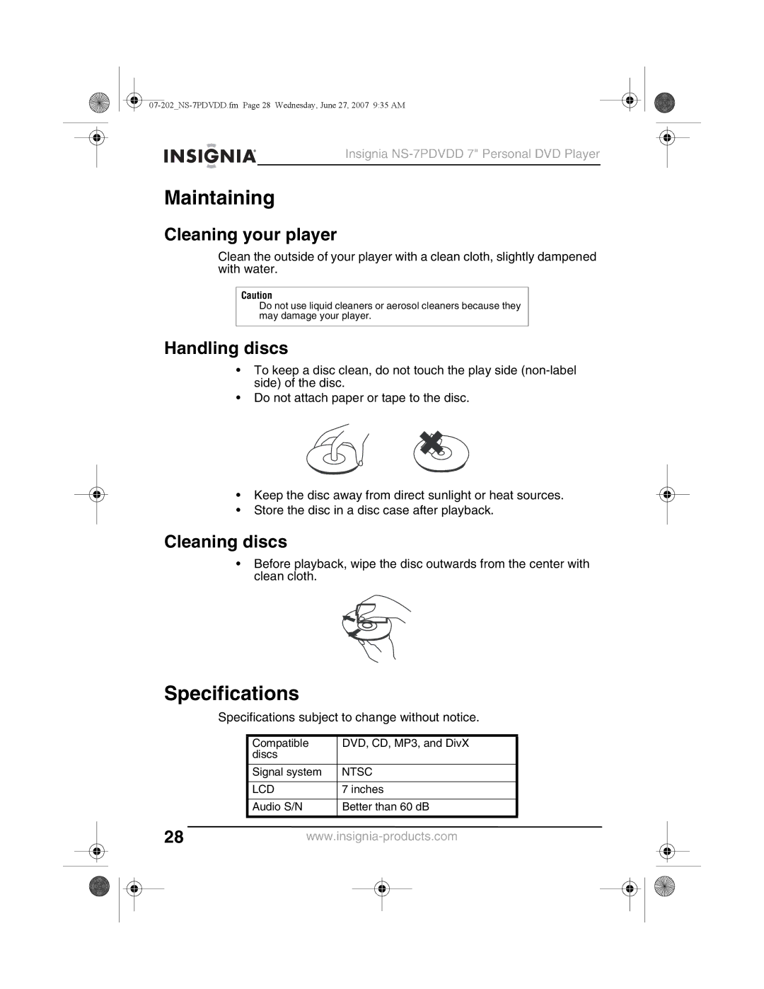 Insignia NS-7PDVDD manual Maintaining, Specifications, Cleaning your player, Handling discs, Cleaning discs 