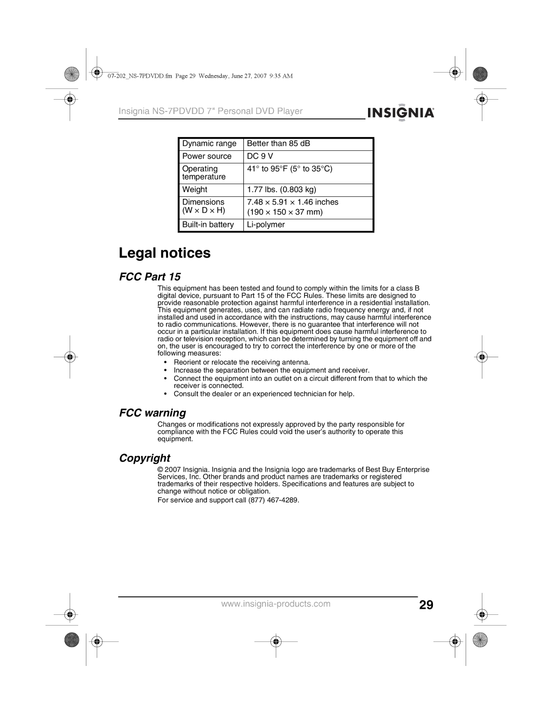 Insignia NS-7PDVDD manual Legal notices, FCC Part, FCC warning, Copyright 