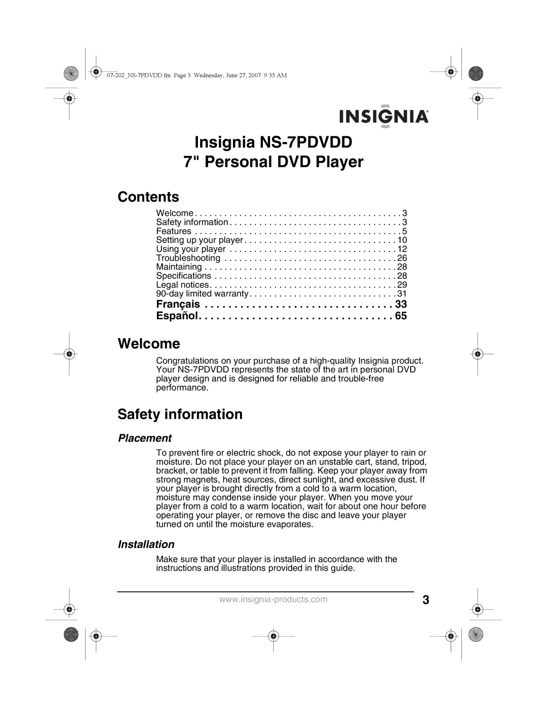 Insignia NS-7PDVDD manual Contents, Welcome, Safety information 