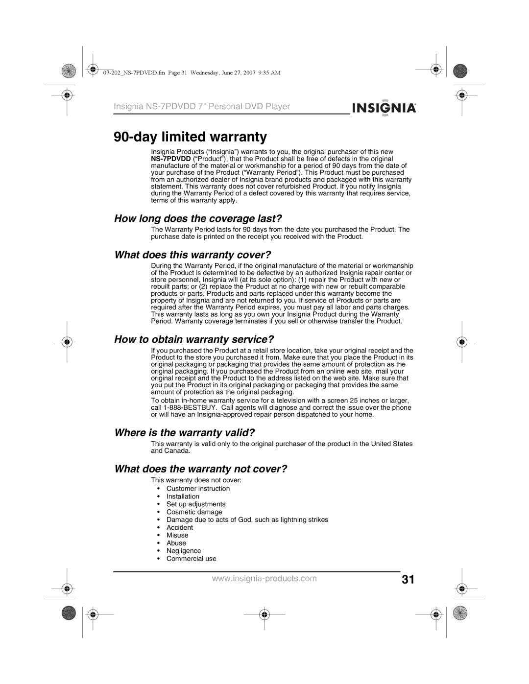 Insignia NS-7PDVDD manual Day limited warranty 