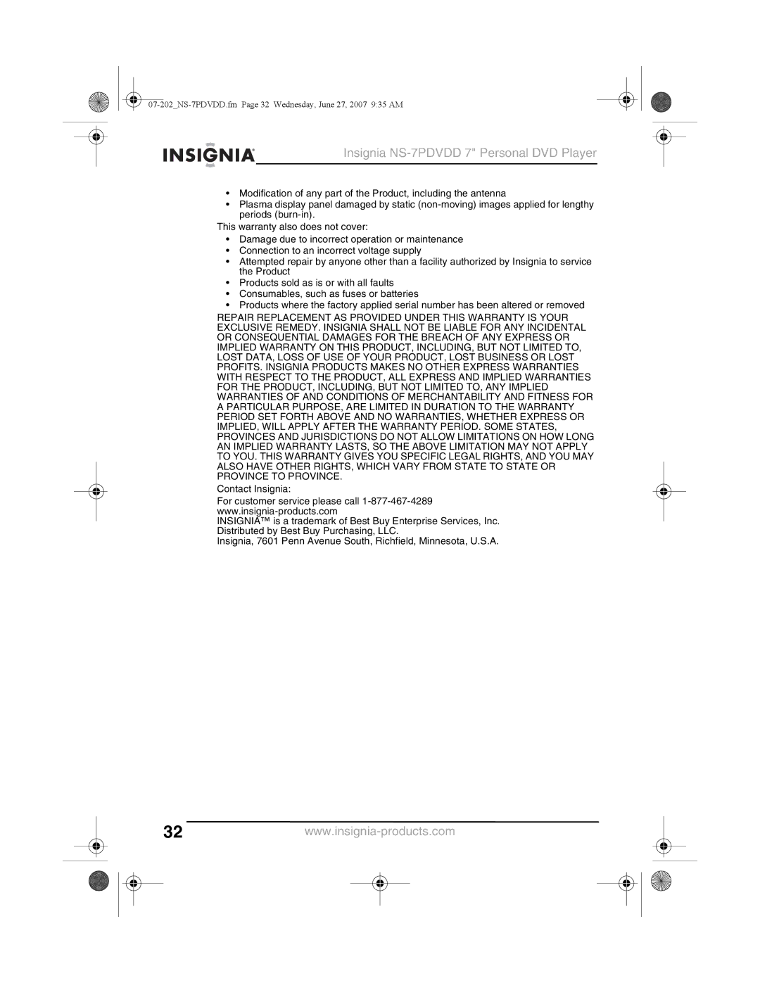 Insignia manual 07-202NS-7PDVDD.fm Page 32 Wednesday, June 27, 2007 935 AM 