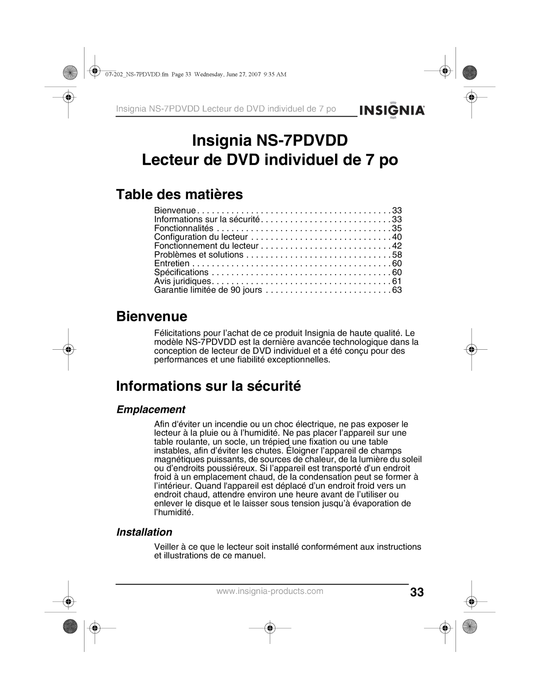 Insignia NS-7PDVDD manual Table des matières, Bienvenue, Informations sur la sécurité, Emplacement 