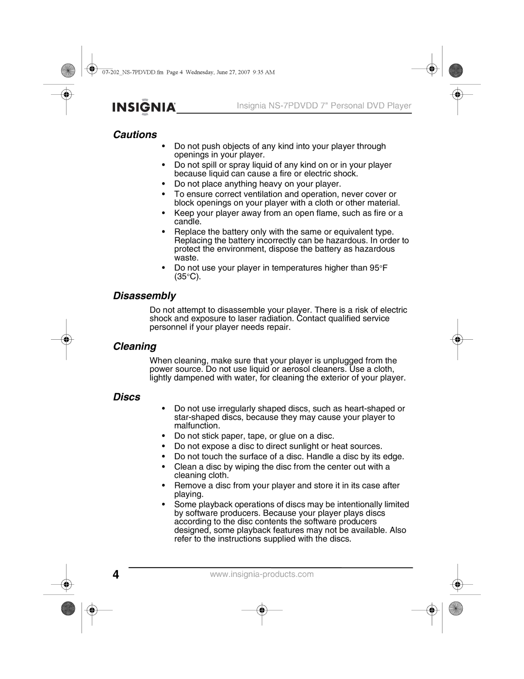 Insignia NS-7PDVDD manual Disassembly, Cleaning, Discs 