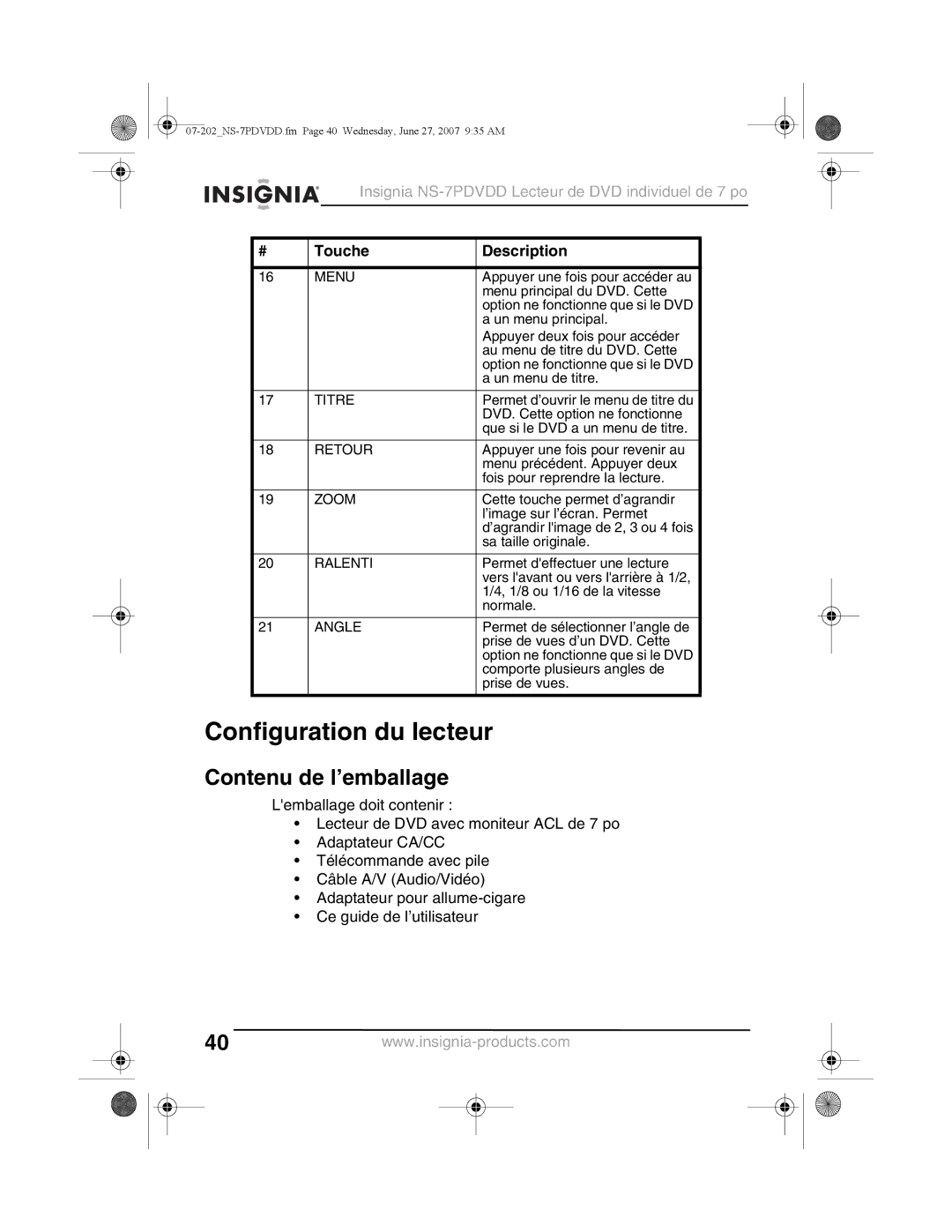 Insignia NS-7PDVDD manual Configuration du lecteur, Contenu de l’emballage, Titre, Retour, Ralenti 