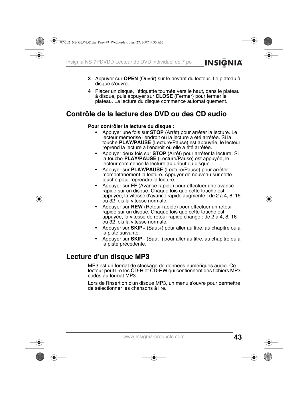 Insignia NS-7PDVDD manual Contrôle de la lecture des DVD ou des CD audio, Lecture d’un disque MP3 