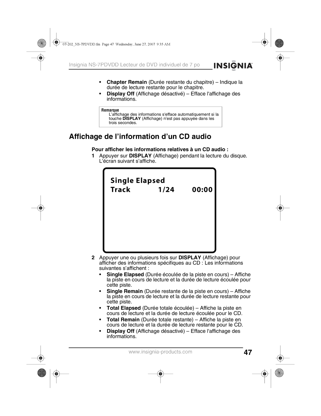 Insignia NS-7PDVDD manual Affichage de l’information d’un CD audio, Pour afficher les informations relatives à un CD audio 