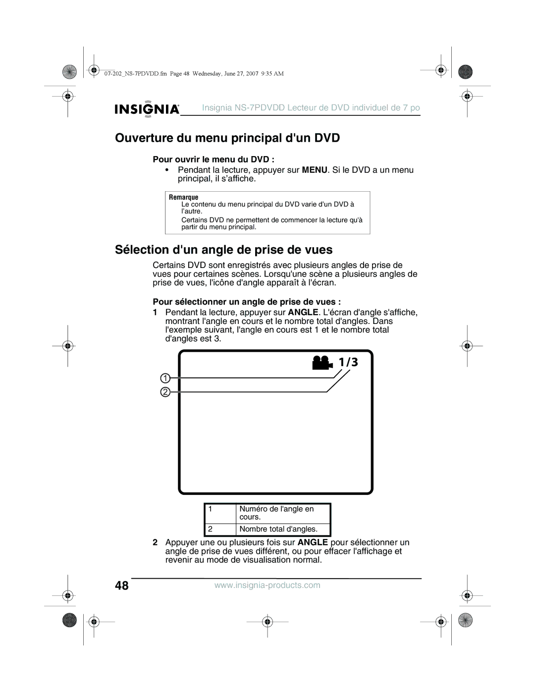 Insignia NS-7PDVDD Ouverture du menu principal dun DVD, Sélection dun angle de prise de vues, Pour ouvrir le menu du DVD 