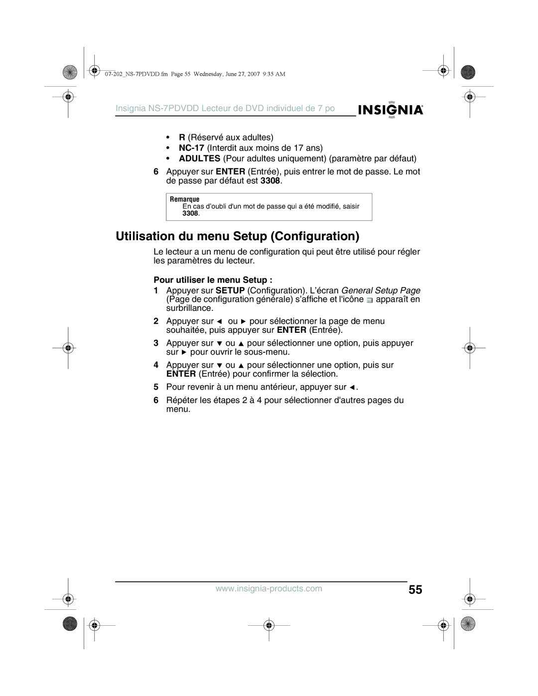 Insignia NS-7PDVDD manual Utilisation du menu Setup Configuration, Pour utiliser le menu Setup 