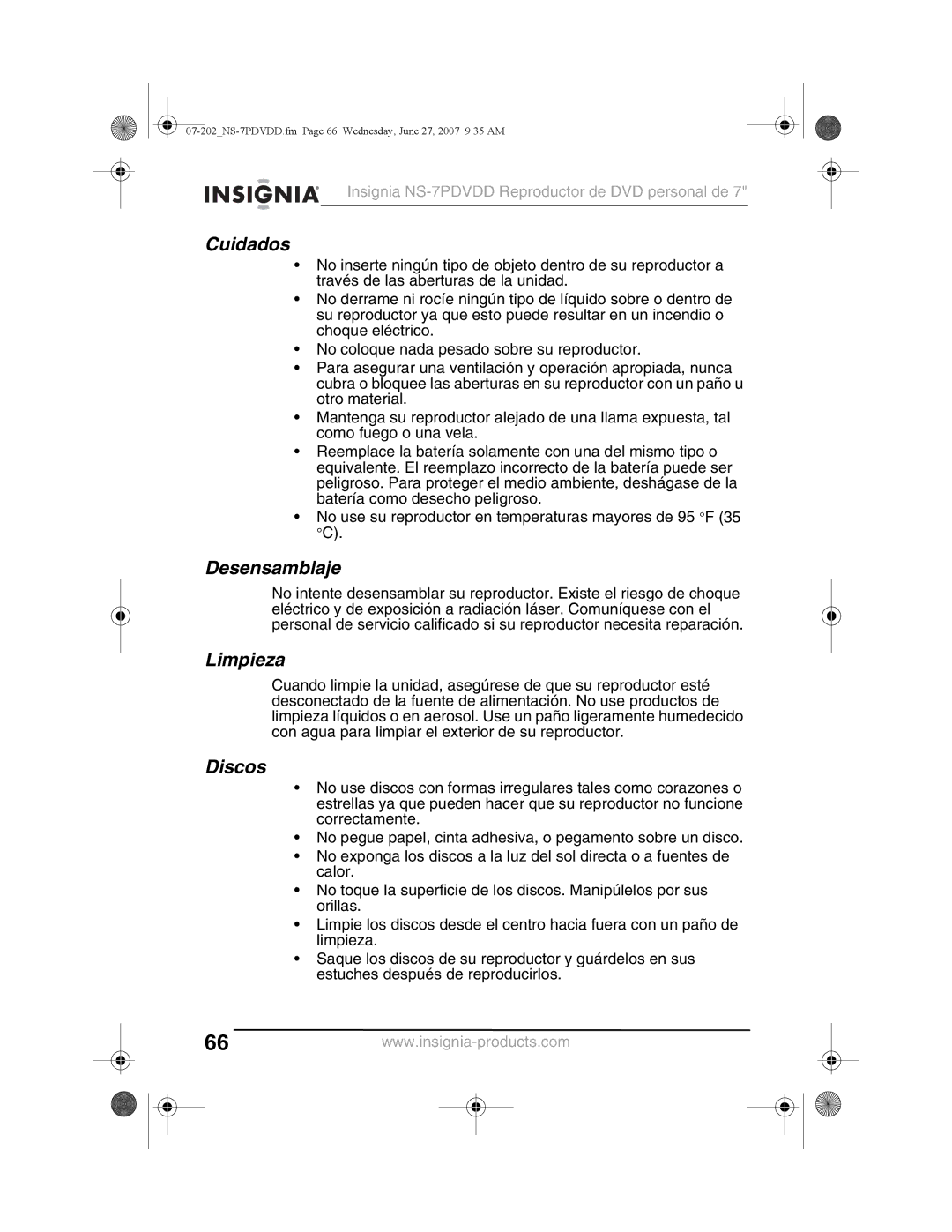 Insignia NS-7PDVDD manual Cuidados, Desensamblaje, Limpieza, Discos 