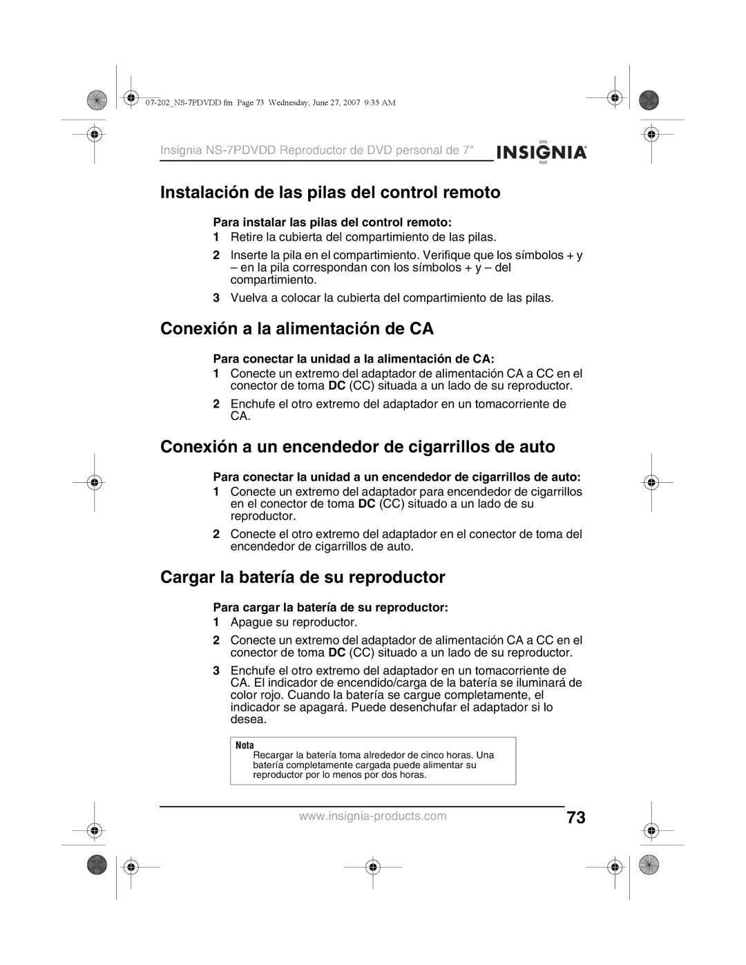 Insignia NS-7PDVDD manual Instalación de las pilas del control remoto, Conexión a la alimentación de CA 