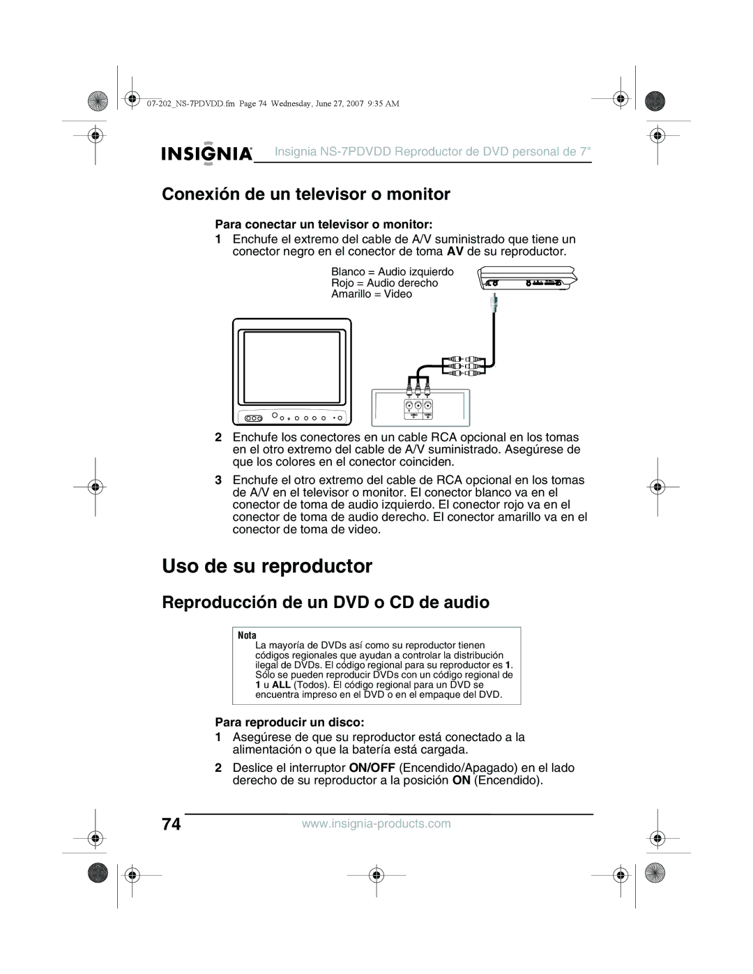 Insignia NS-7PDVDD manual Uso de su reproductor, Conexión de un televisor o monitor, Reproducción de un DVD o CD de audio 