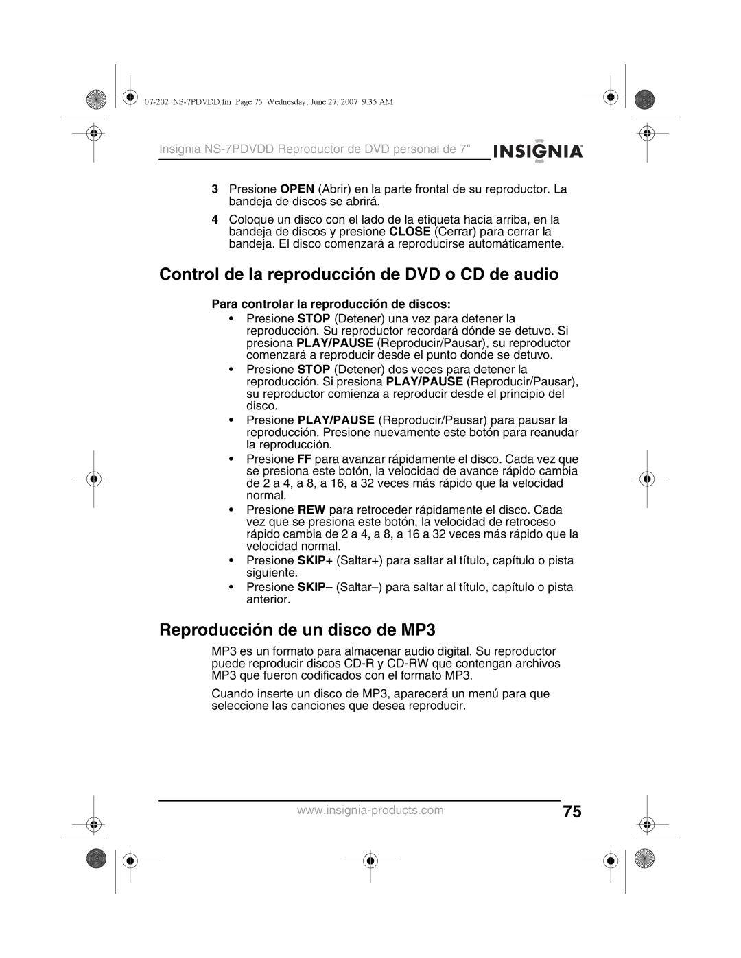 Insignia NS-7PDVDD manual Control de la reproducción de DVD o CD de audio, Reproducción de un disco de MP3 