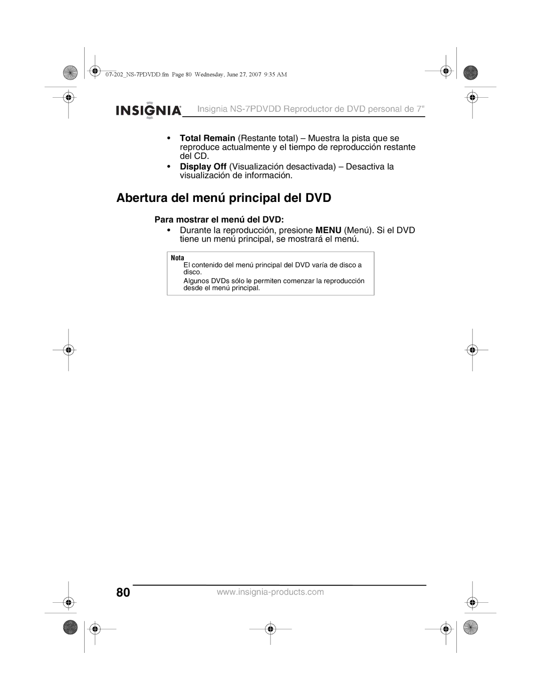 Insignia NS-7PDVDD manual Abertura del menú principal del DVD, Para mostrar el menú del DVD 