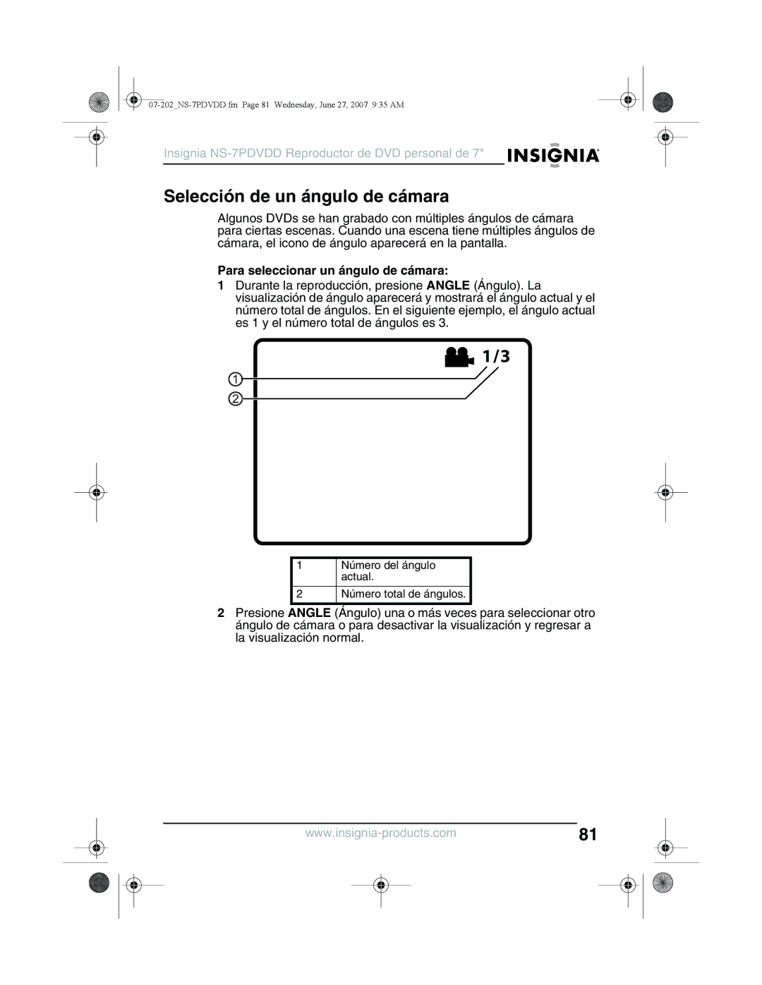 Insignia NS-7PDVDD manual Selección de un ángulo de cámara, Para seleccionar un ángulo de cámara 