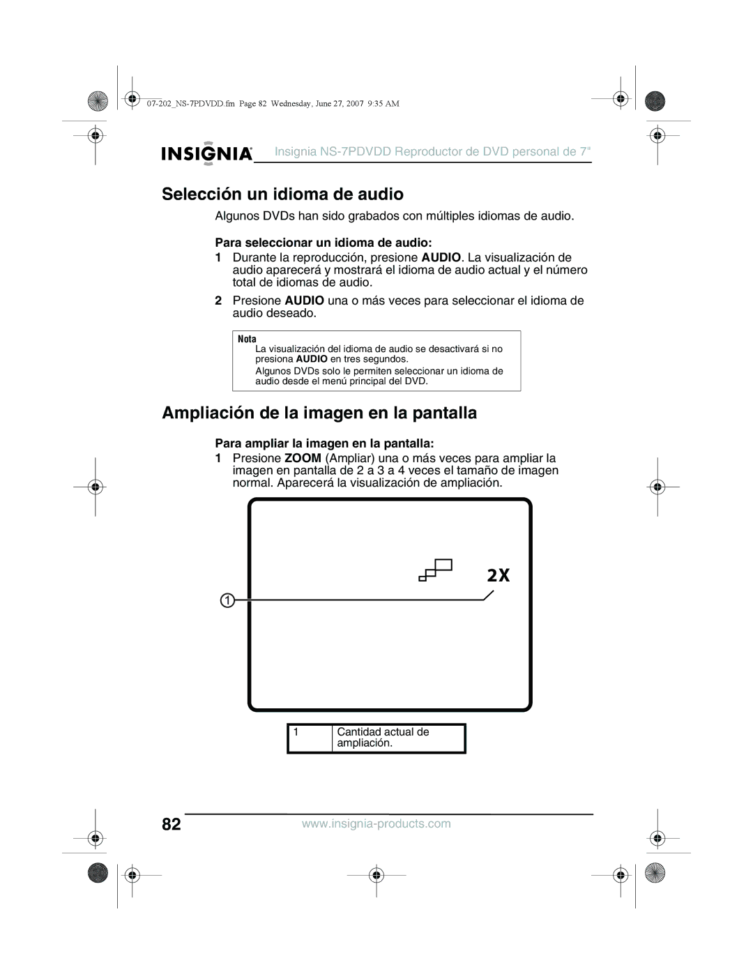 Insignia NS-7PDVDD manual Selección un idioma de audio, Ampliación de la imagen en la pantalla 