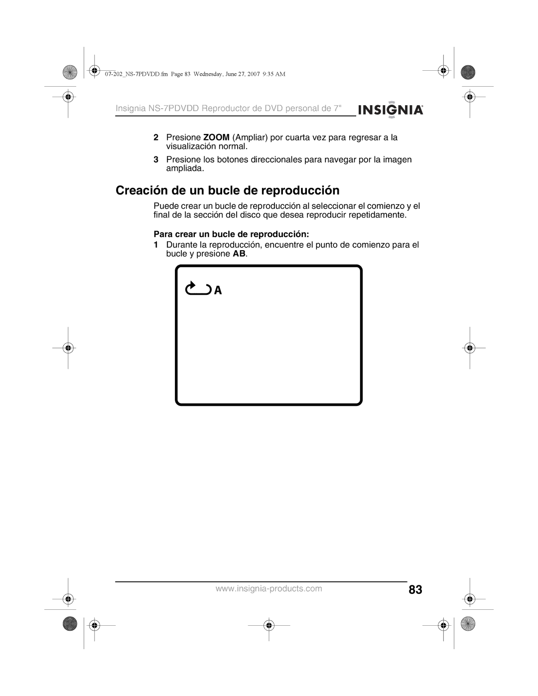 Insignia NS-7PDVDD manual Creación de un bucle de reproducción, Para crear un bucle de reproducción 