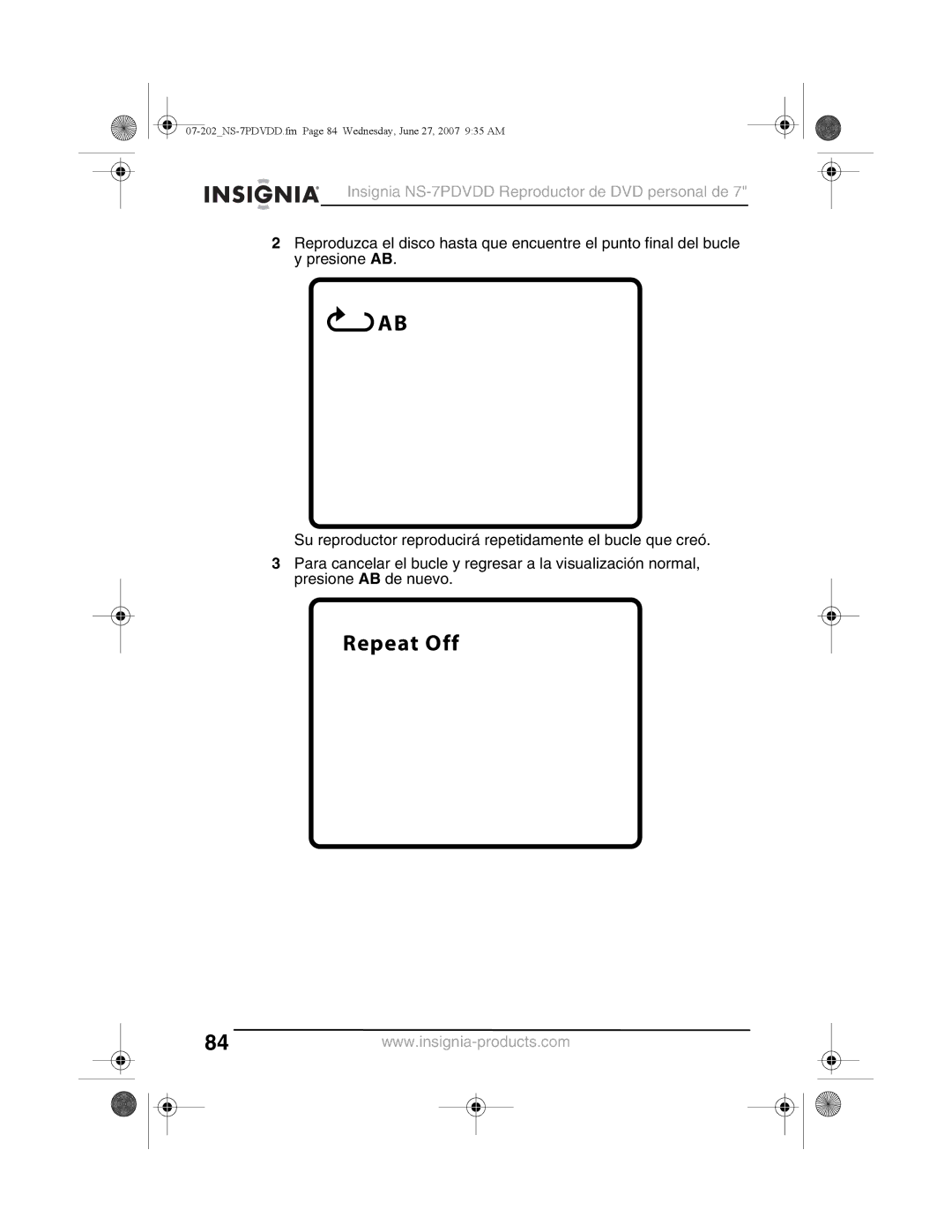 Insignia NS-7PDVDD manual Repeat Off 