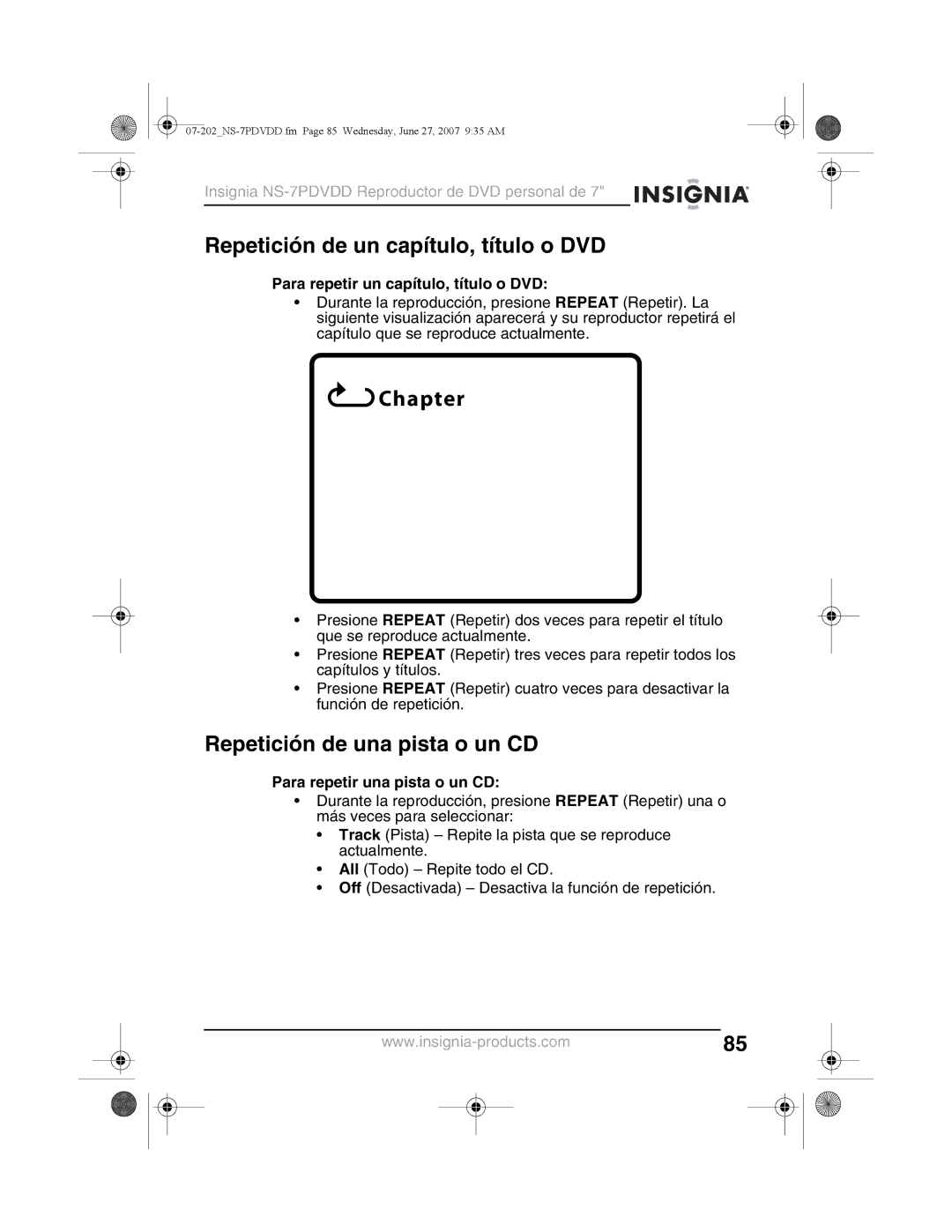 Insignia NS-7PDVDD manual Repetición de un capítulo, título o DVD, Repetición de una pista o un CD 