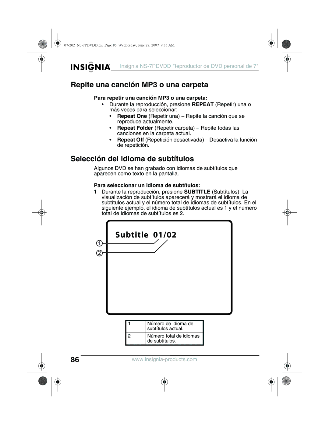 Insignia NS-7PDVDD manual Repite una canción MP3 o una carpeta, Selección del idioma de subtítulos 