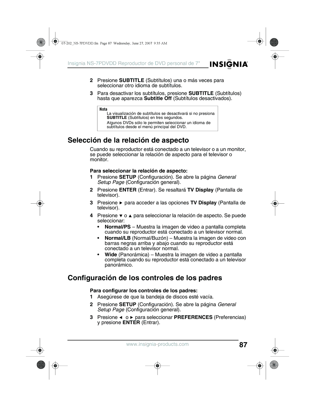 Insignia NS-7PDVDD manual Selección de la relación de aspecto, Configuración de los controles de los padres 