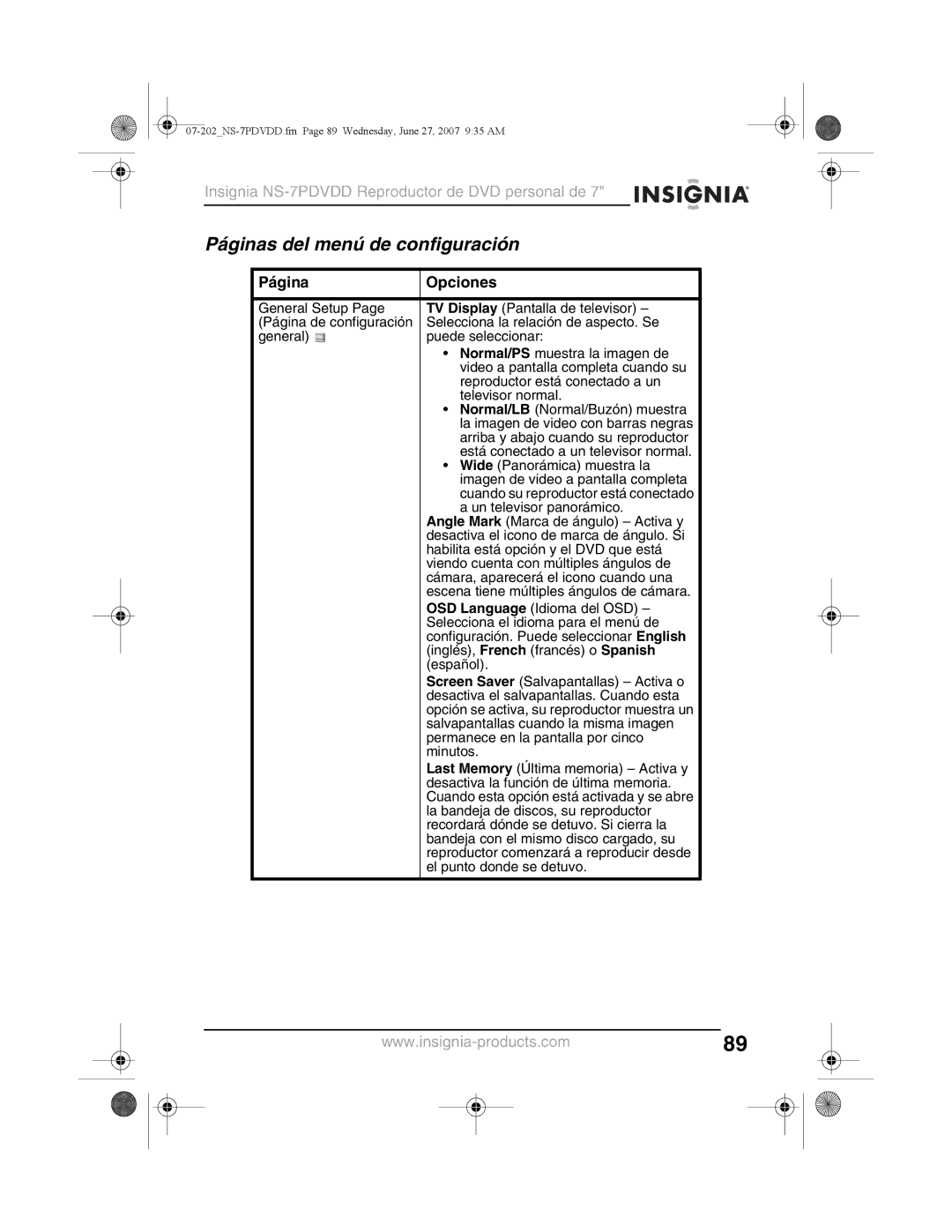 Insignia NS-7PDVDD manual Páginas del menú de configuración, Página Opciones 