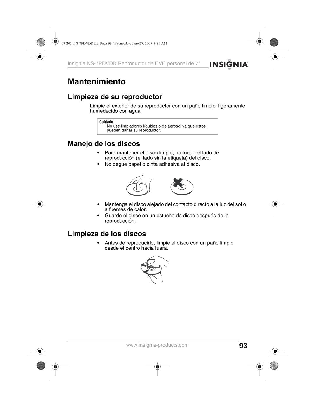 Insignia NS-7PDVDD manual Mantenimiento, Limpieza de su reproductor, Manejo de los discos, Limpieza de los discos 